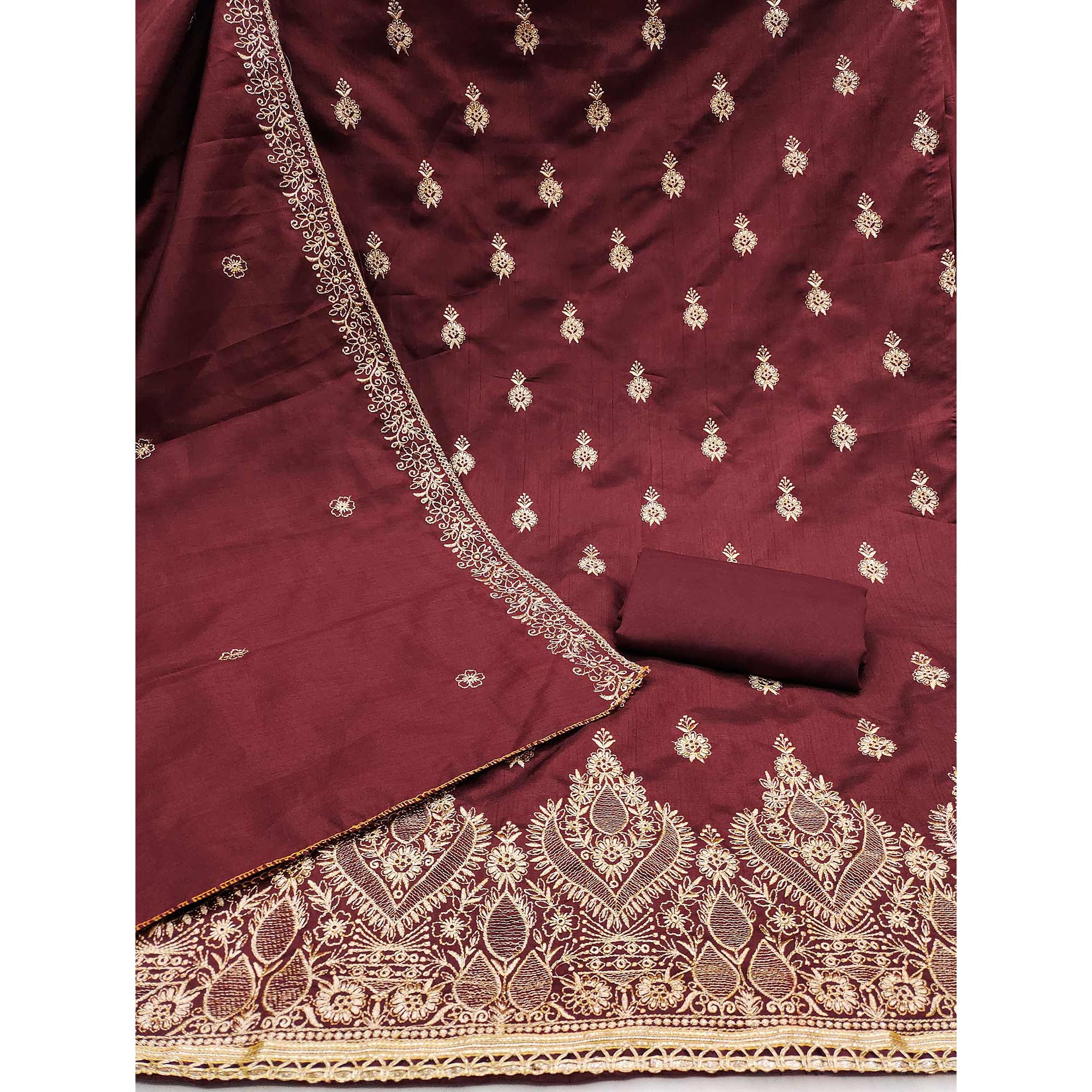 Maroon Floral Embroidered Cotton Blend Dress Material - Image 4
