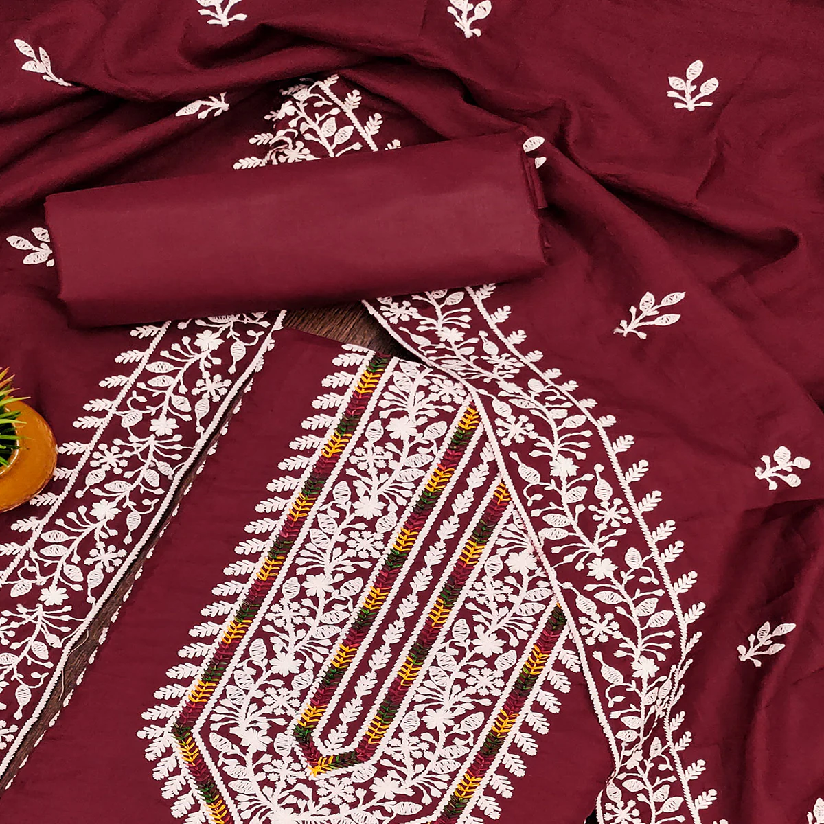 Maroon Floral Embroidered Cotton Silk Dress Material - Image 2