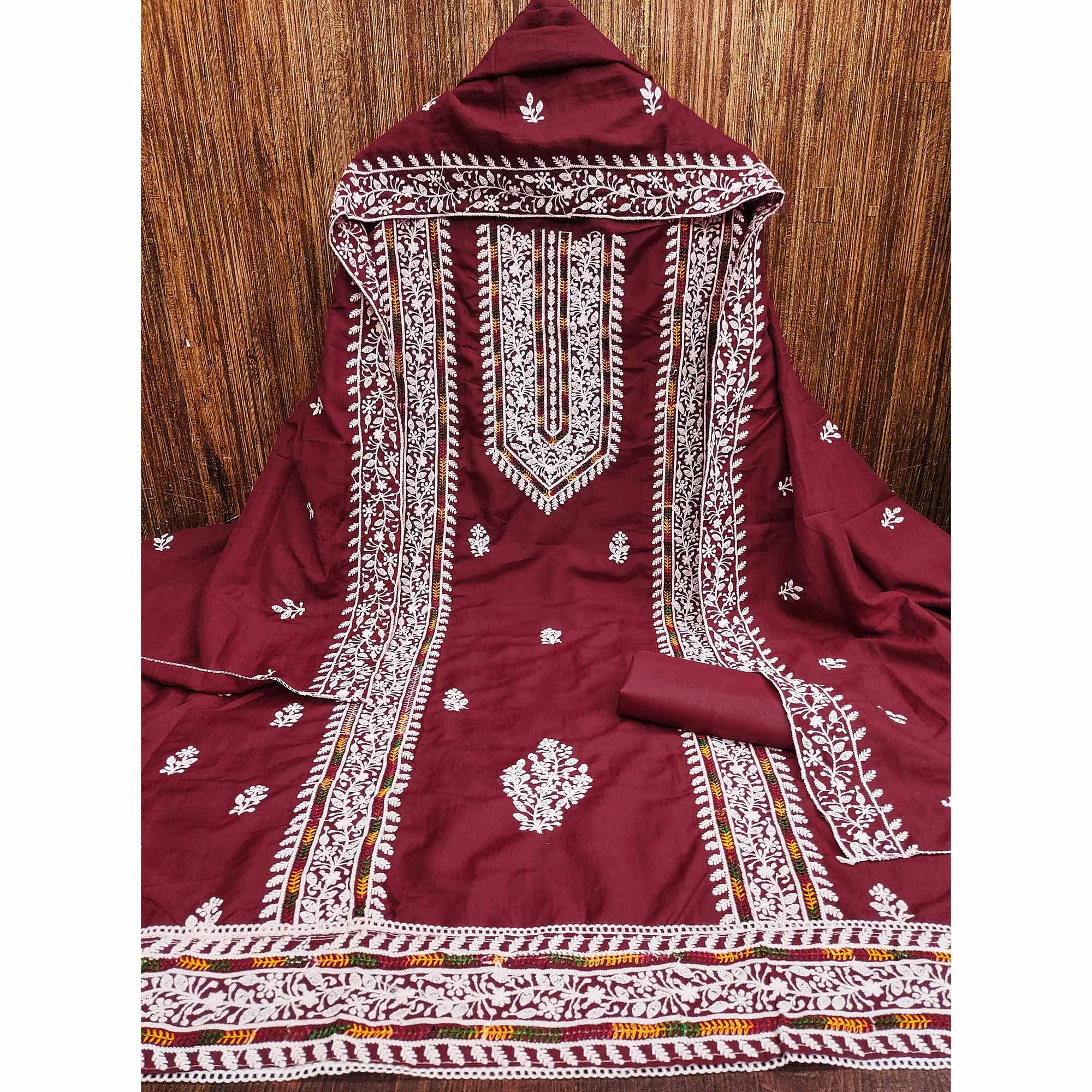 Maroon Floral Embroidered Cotton Silk Dress Material - Image 3