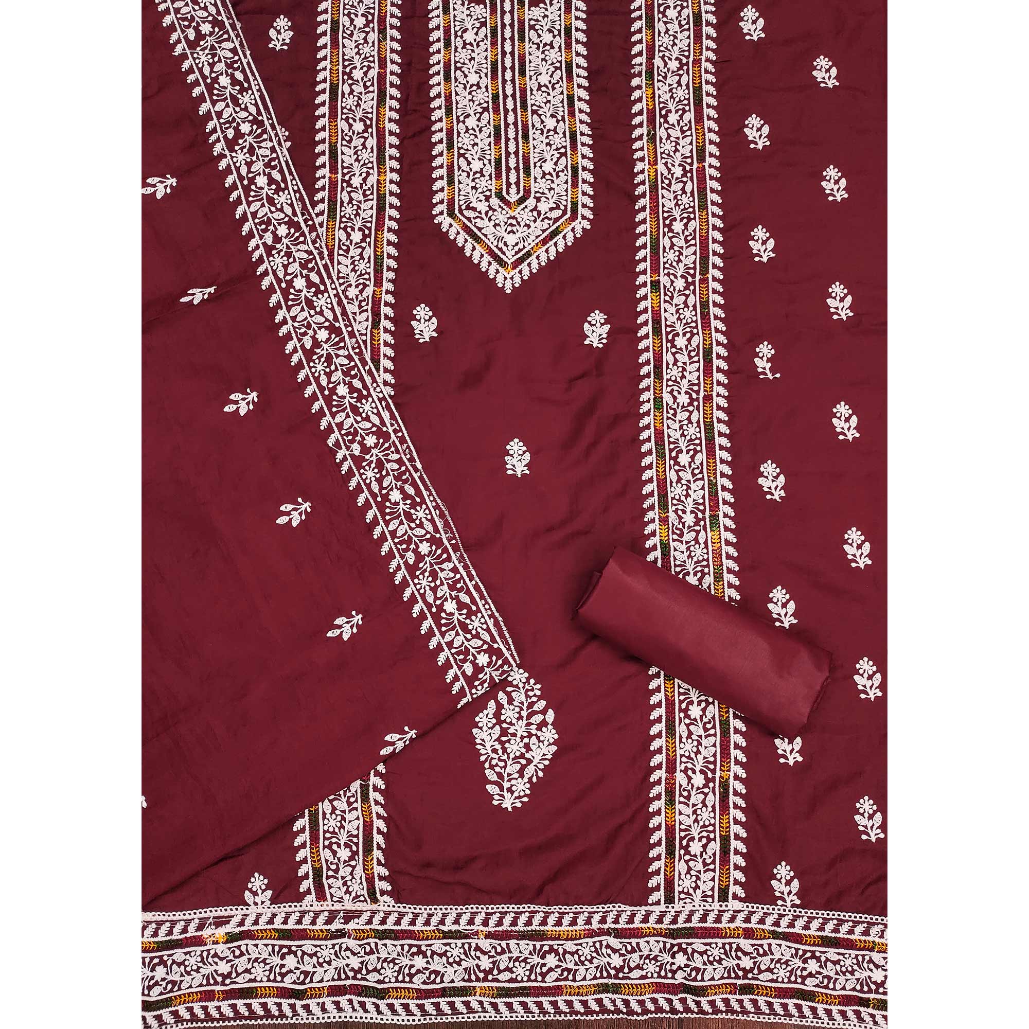 Maroon Floral Embroidered Cotton Silk Dress Material - Image 4