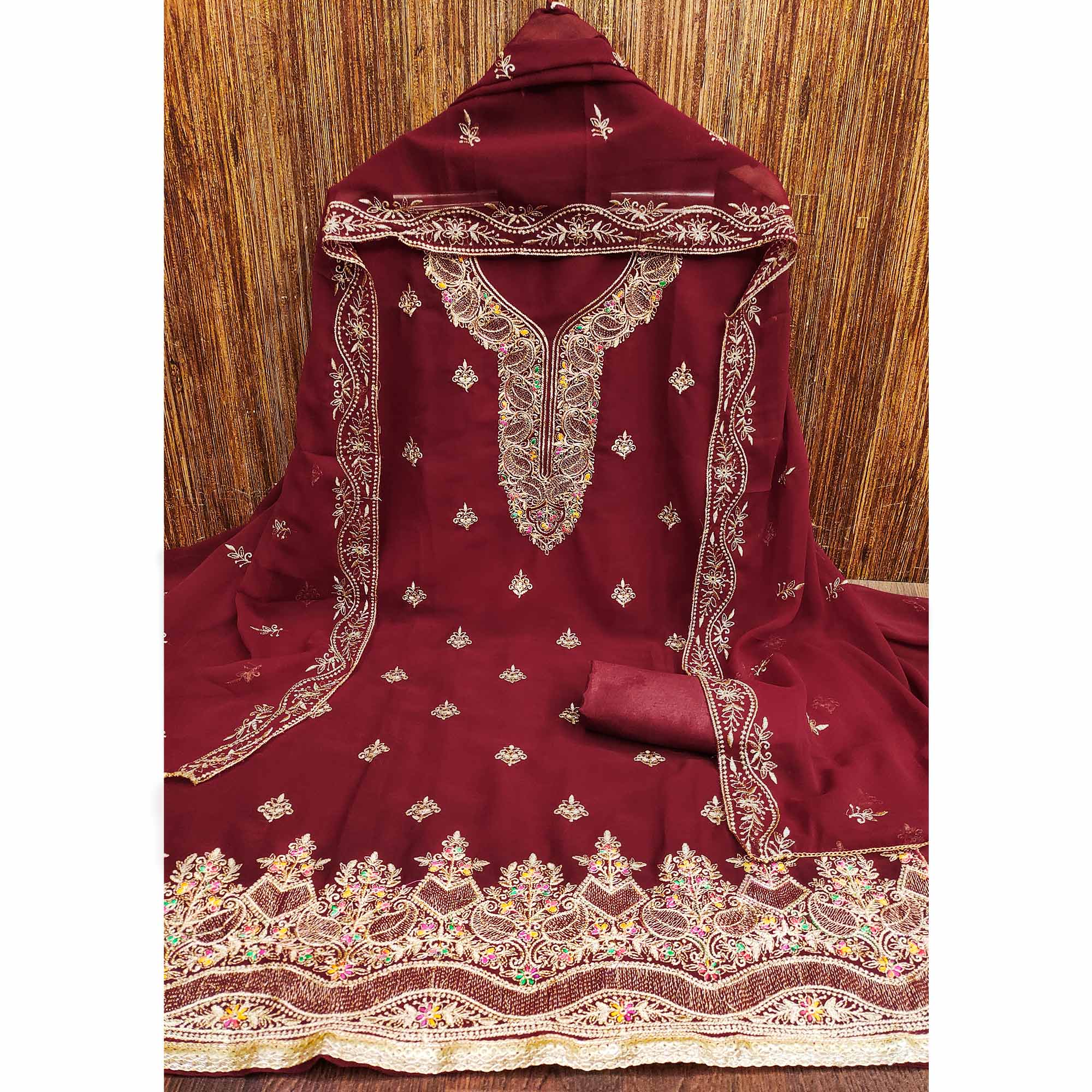Maroon Floral Embroidered Georgette Dress Material - Image 3