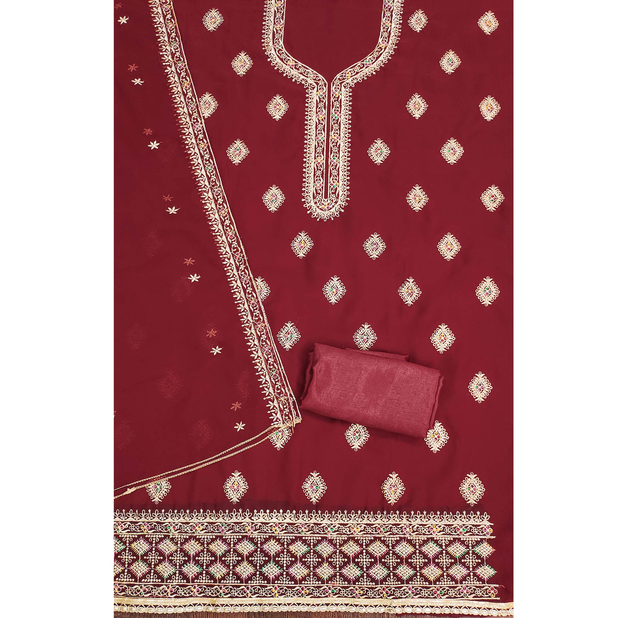 Maroon Floral Embroidered Georgette Dress Material - Image 4