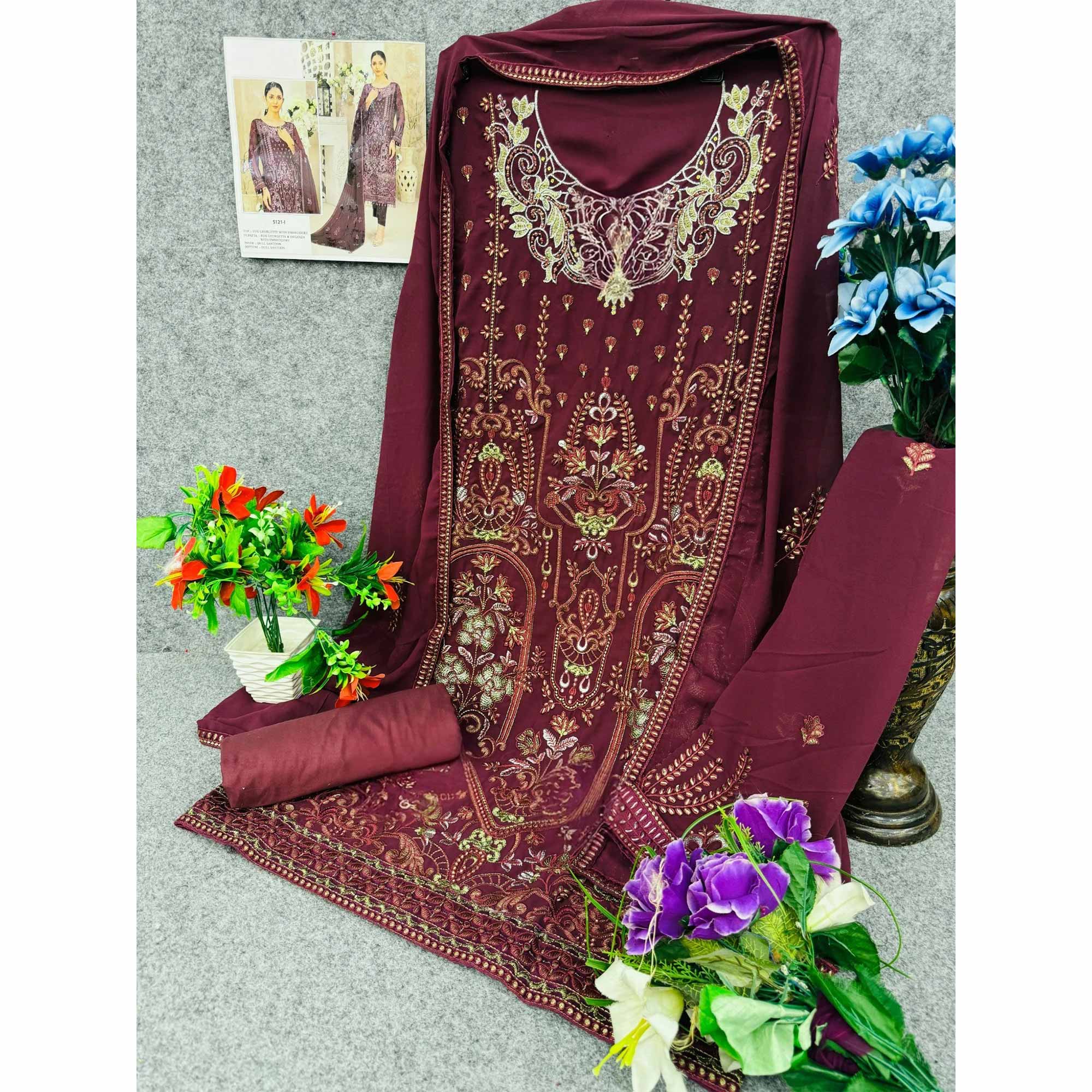 Maroon Floral Embroidered Georgette Dress Material - Image 4