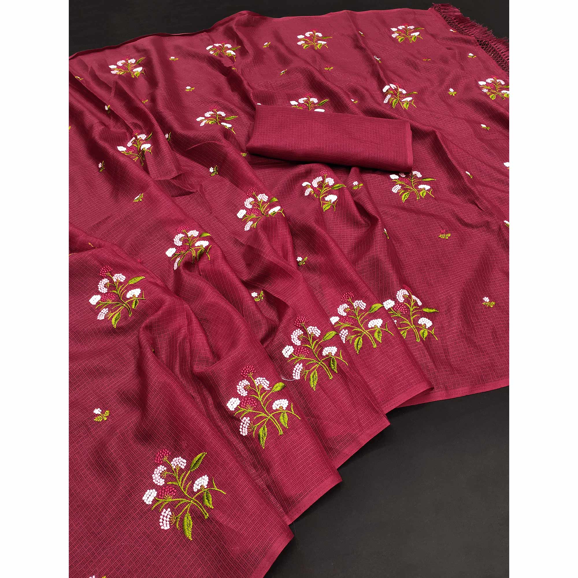 Maroon Floral Embroidered Kota Doria Saree With Tassels - Image 3