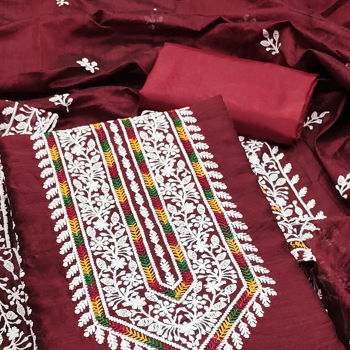 Maroon Floral Embroidered Modal Chanderi Silk Dress Material - Image 2