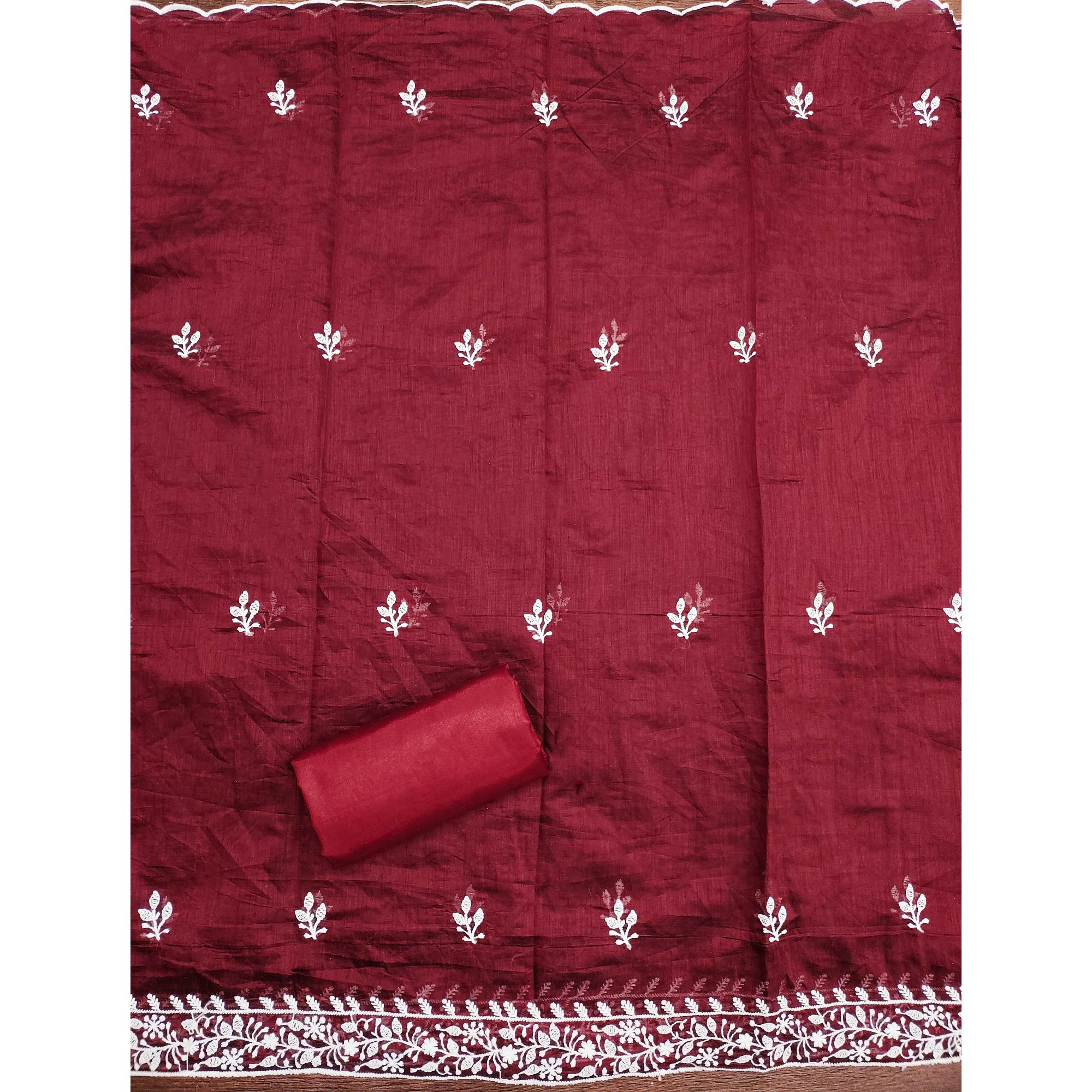 Maroon Floral Embroidered Modal Chanderi Silk Dress Material - Image 5