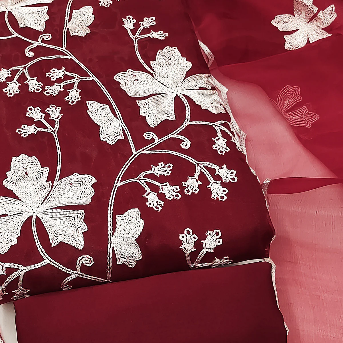Maroon Floral Embroidered Organza Dress Material - Image 2