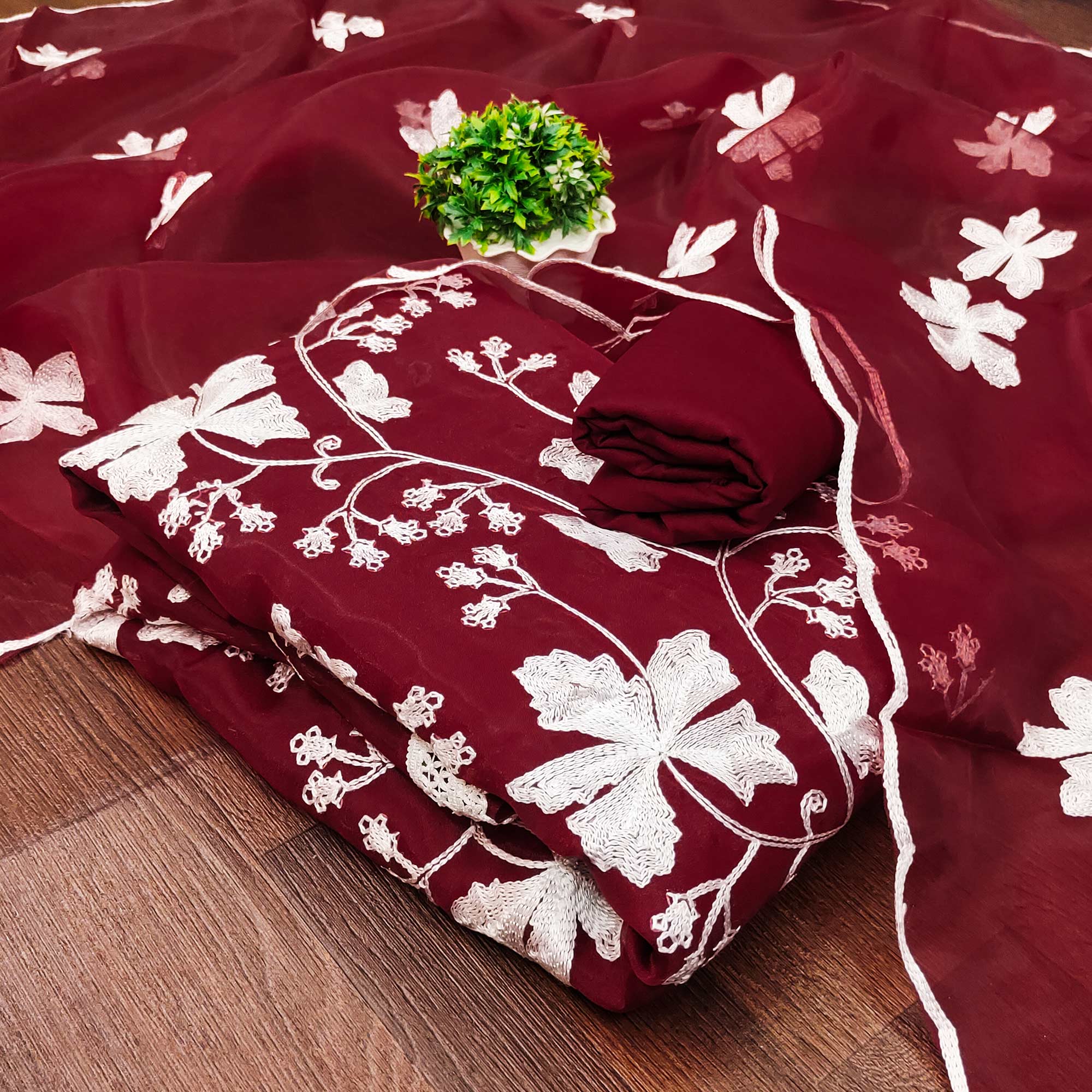 Maroon Floral Embroidered Organza Dress Material - Image 3