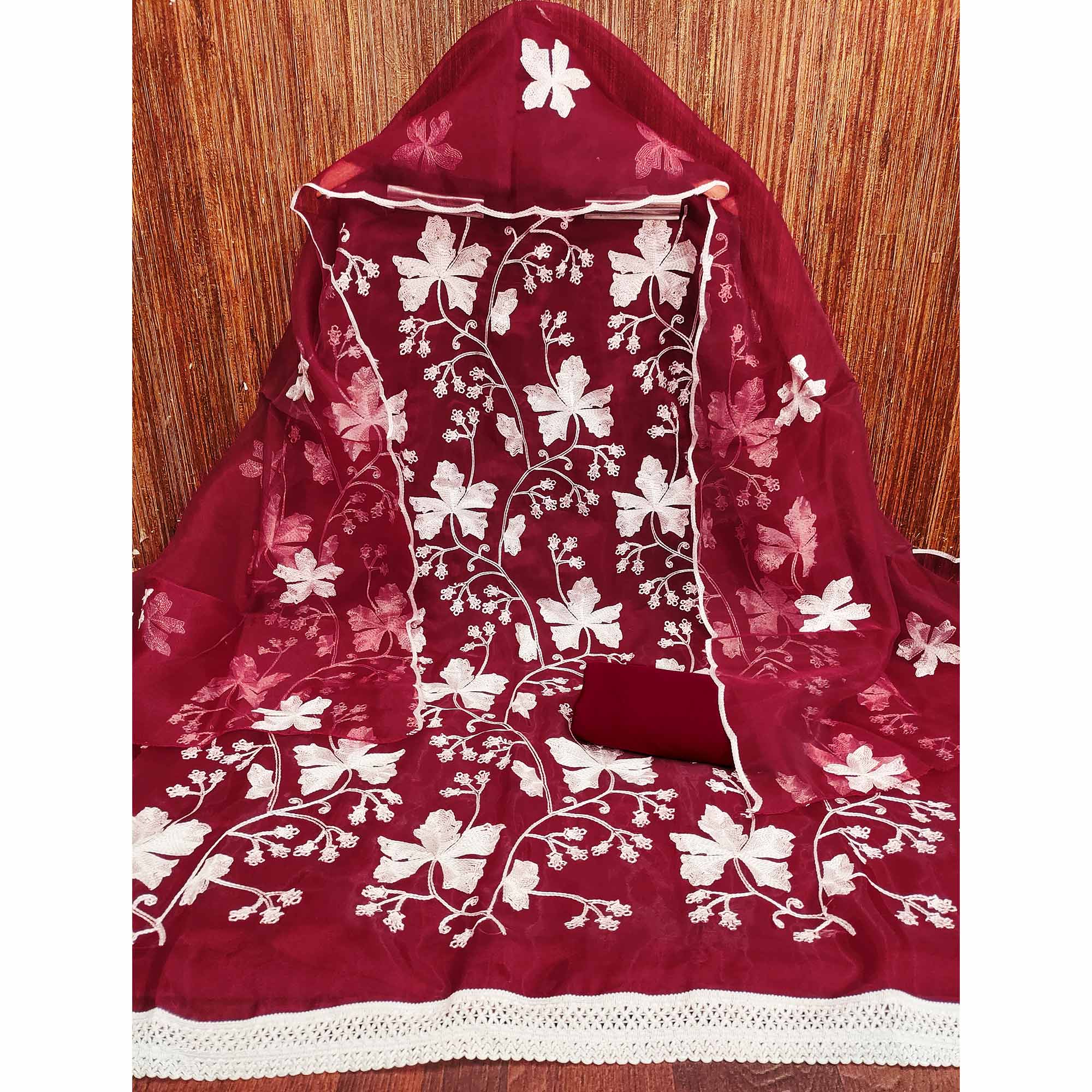 Maroon Floral Embroidered Organza Dress Material - Image 4