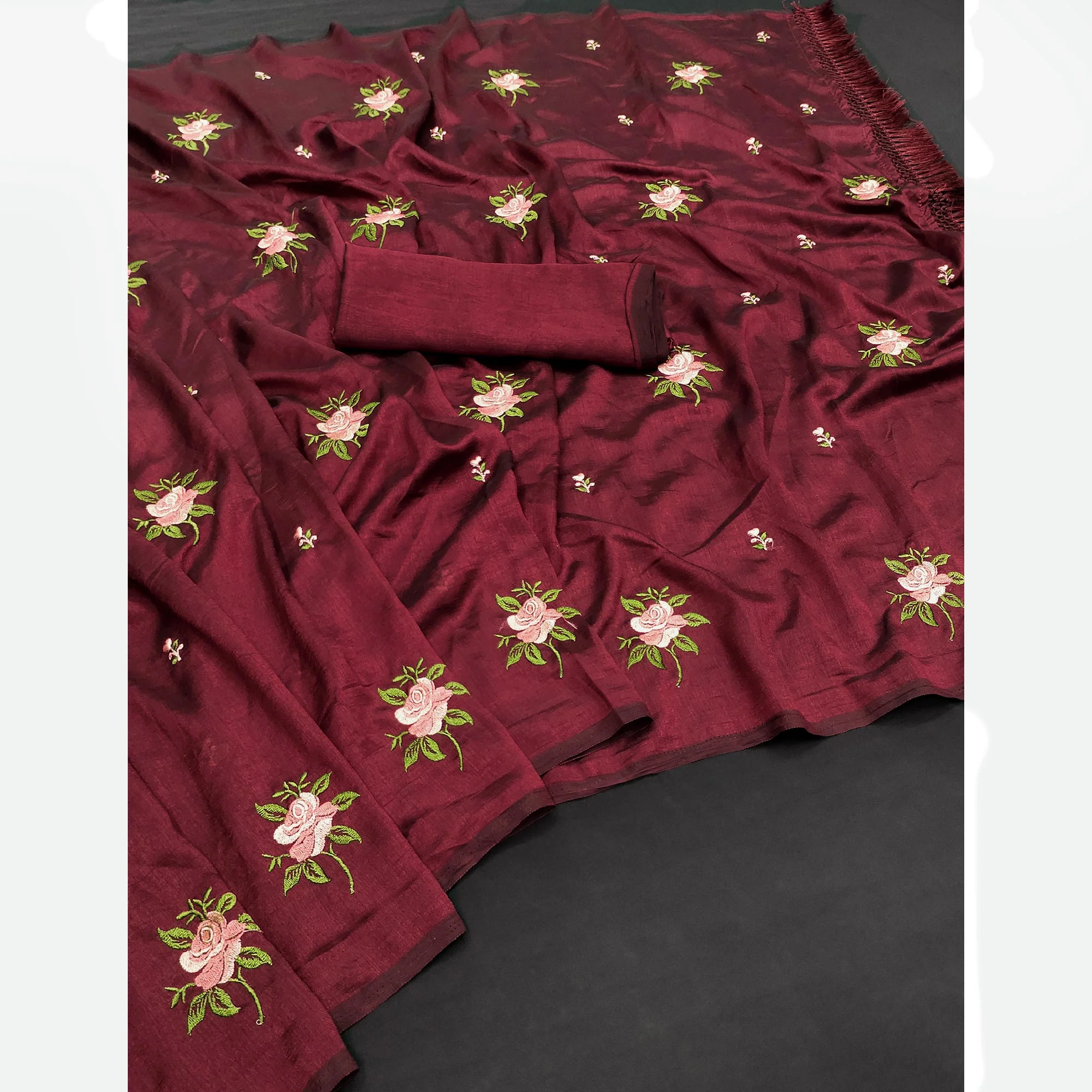 Maroon Floral Embroidered Vichitra Silk Saree With Tassels - Image 3