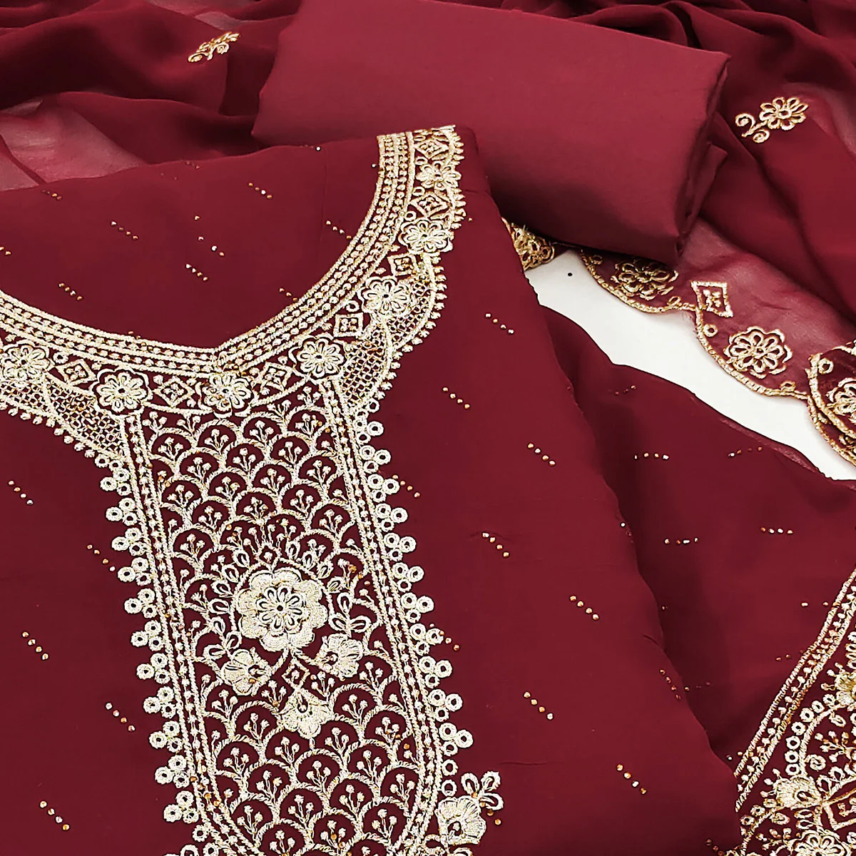 Maroon Floral Embroidered With Swarovski Work Georgette Dress Material - Image 2
