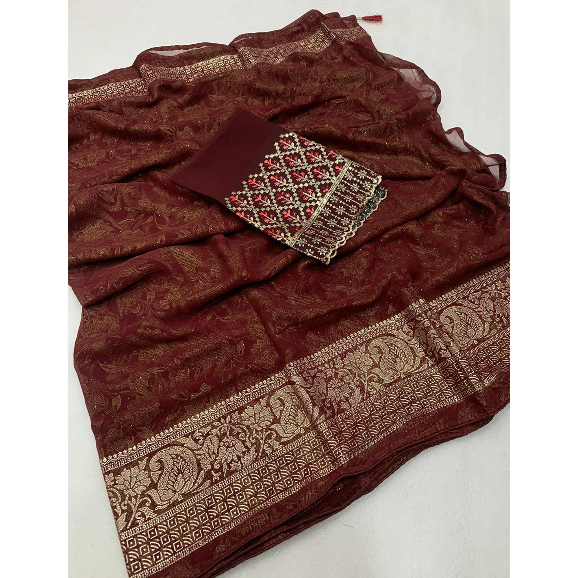 Maroon Floral Foil Printed Georgette Saree With Tassels - Image 3