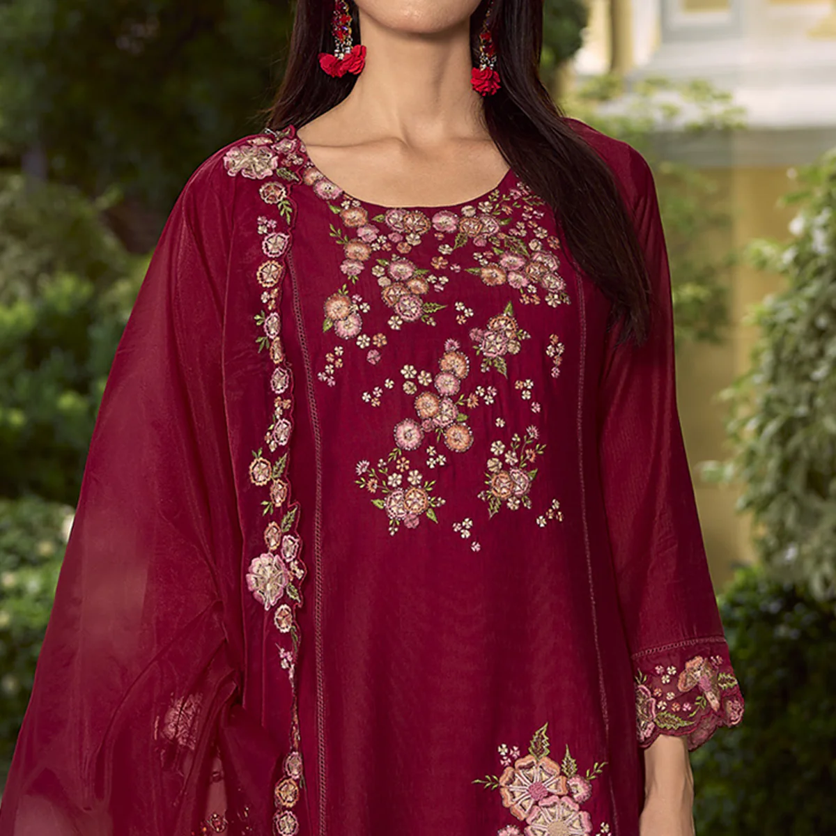 Maroon Floral Handwork Embroidered Viscose Salwar Suit - Image 3