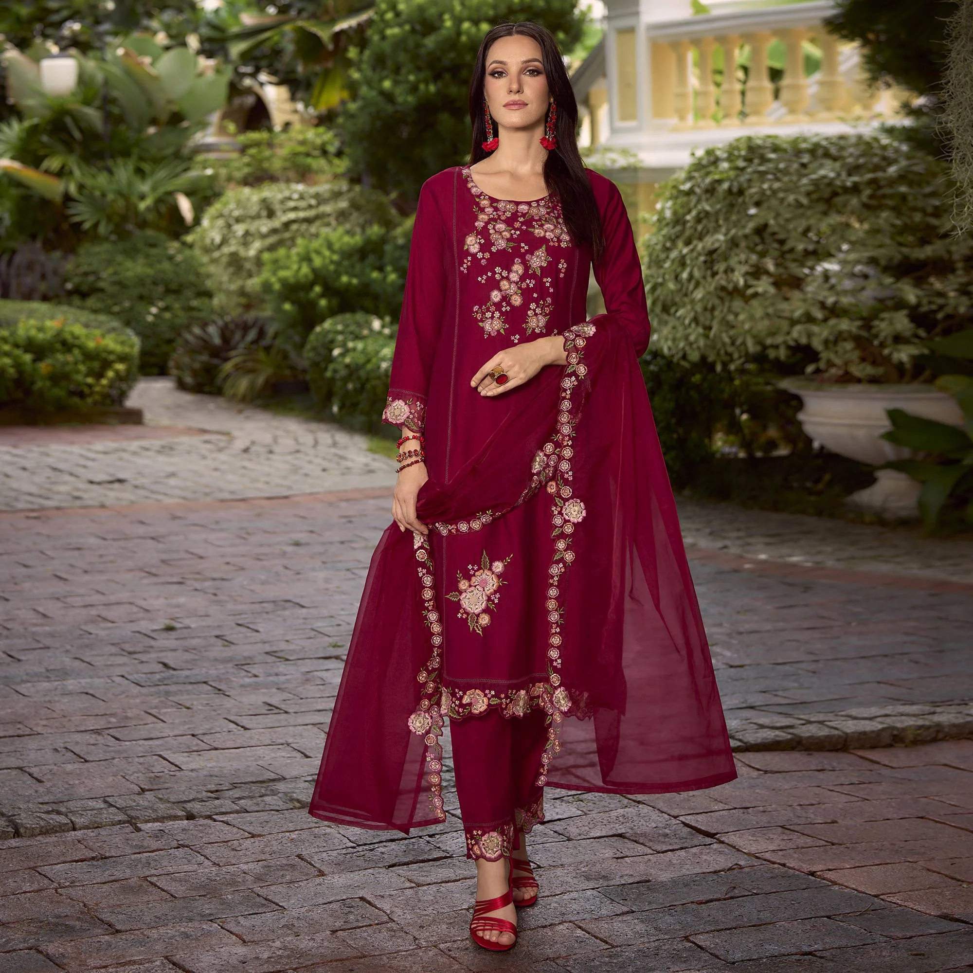 Maroon Floral Handwork Embroidered Viscose Salwar Suit - Image 4
