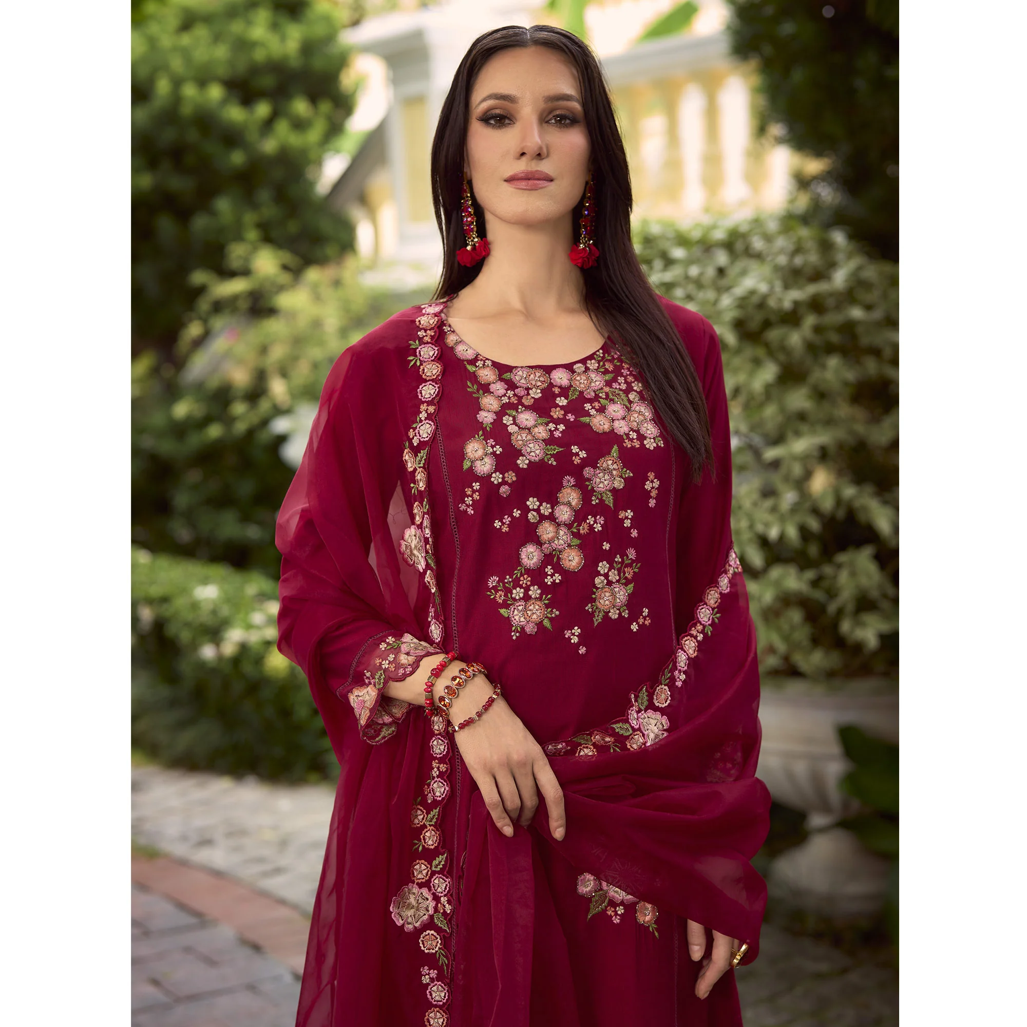 Maroon Floral Handwork Embroidered Viscose Salwar Suit - Image 5