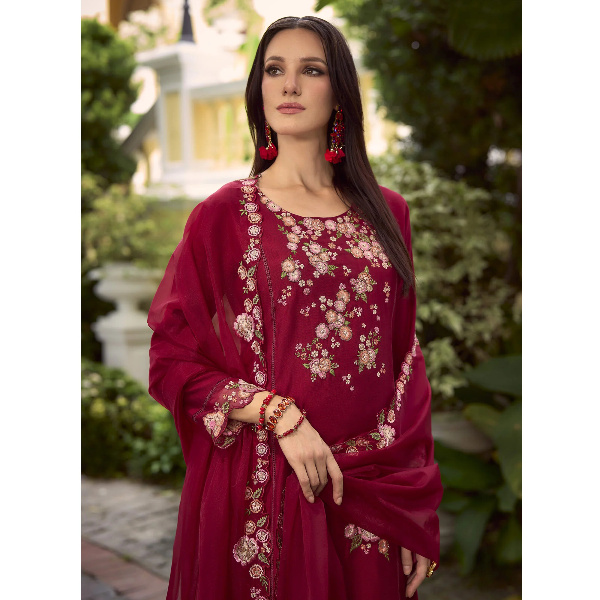 Maroon Floral Handwork Embroidered Viscose Salwar Suit - Image 6