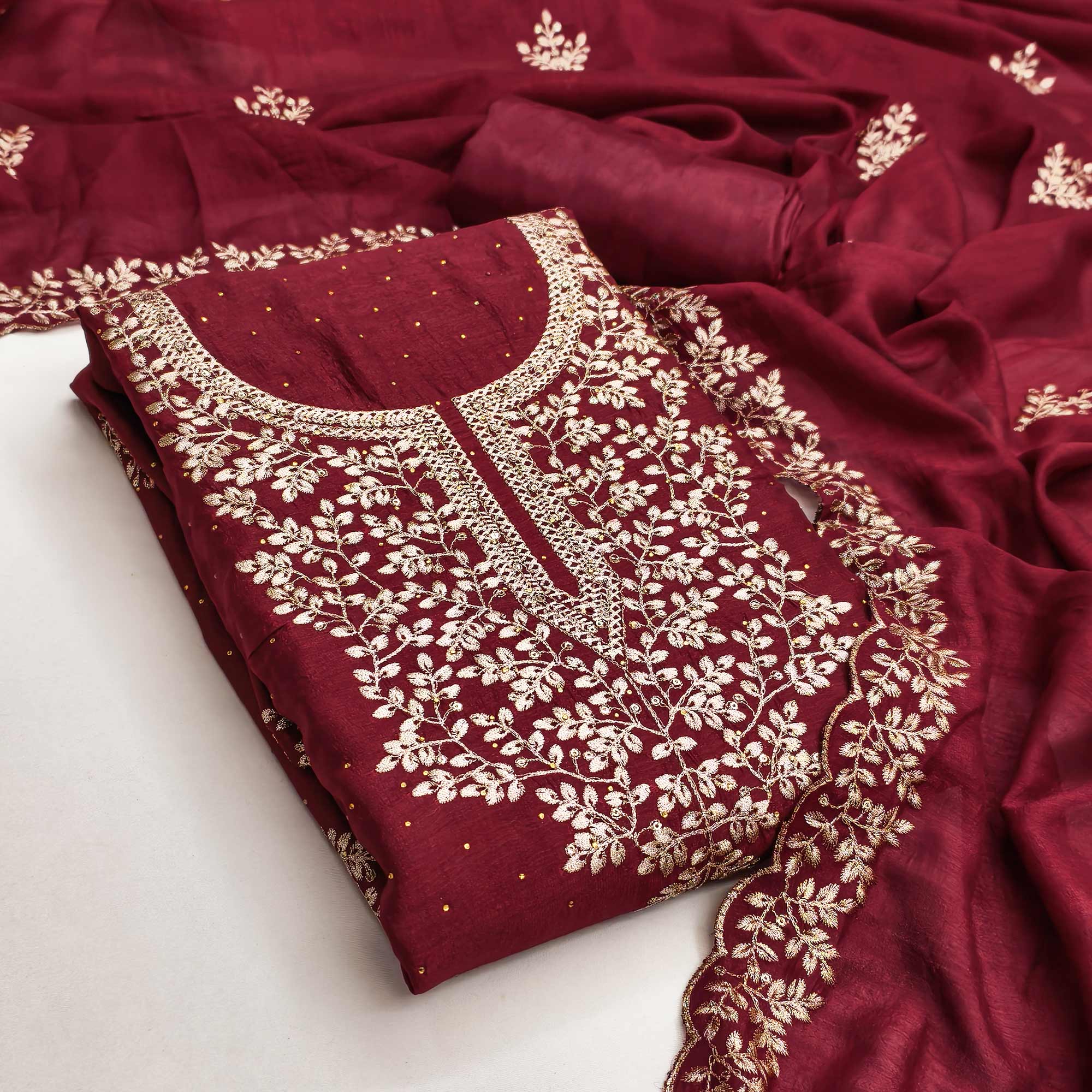 Maroon Floral Motif Vichitra Silk Dress Material Featuring Sequins Embroidery & Swarovski Work - Image 3