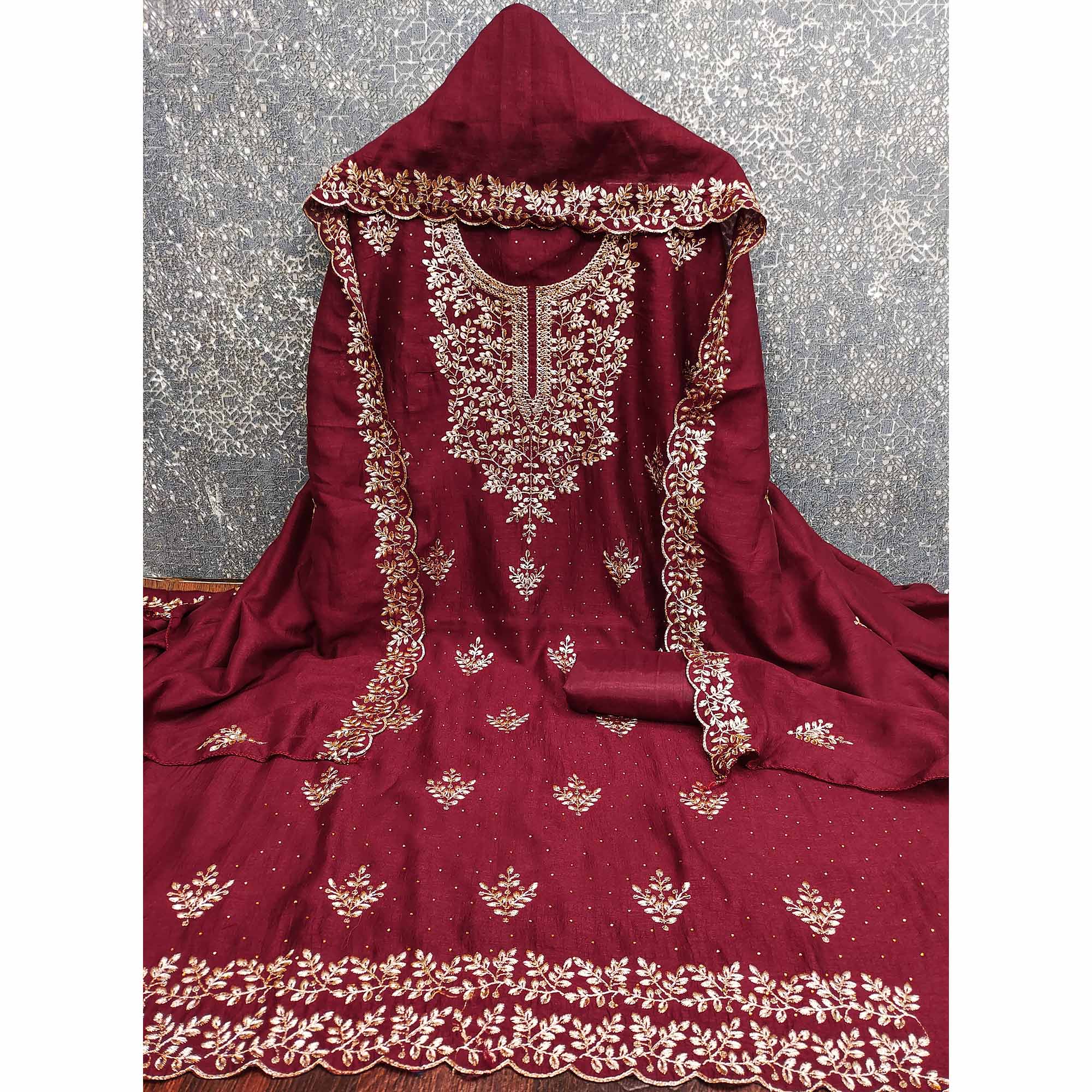 Maroon Floral Motif Vichitra Silk Dress Material Featuring Sequins Embroidery & Swarovski Work - Image 4