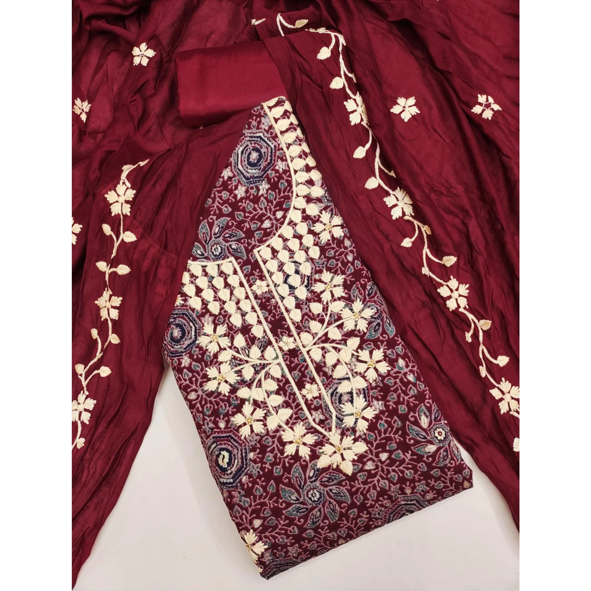Maroon Floral Printed Chanderi Silk Dress Material Adorned with Embroidery - Image 3