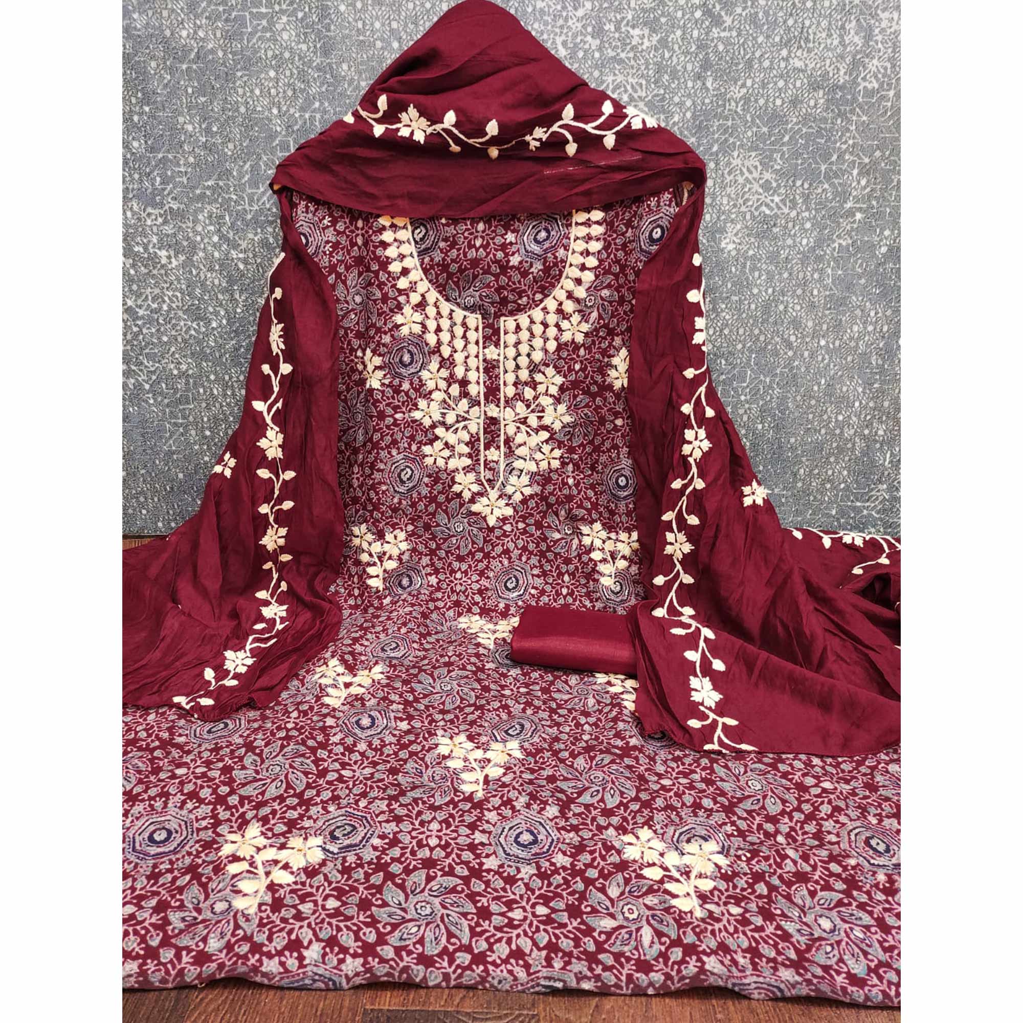 Maroon Floral Printed Chanderi Silk Dress Material Adorned with Embroidery - Image 4
