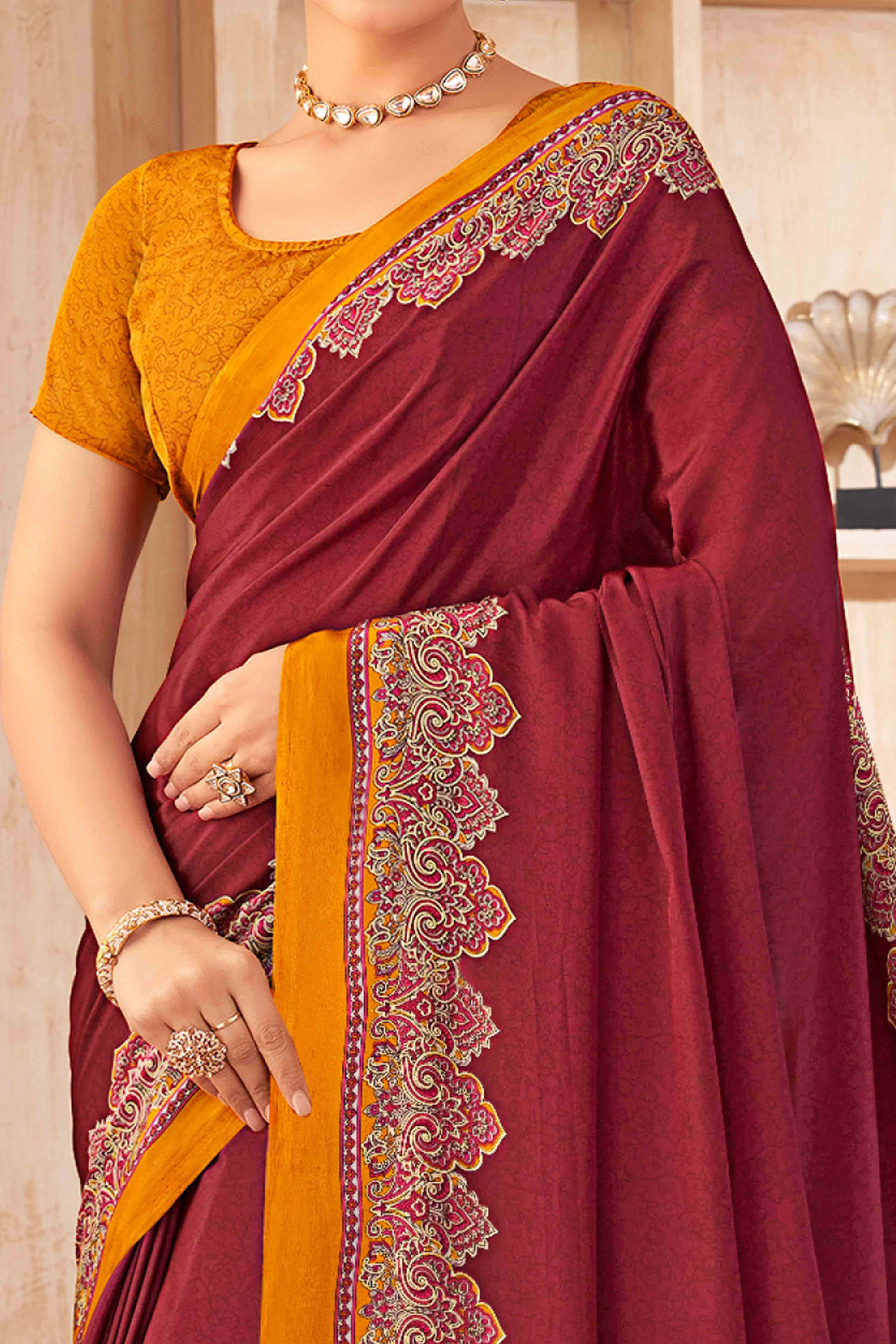 Maroon Floral Printed Crepe Silk Saree - Image 2