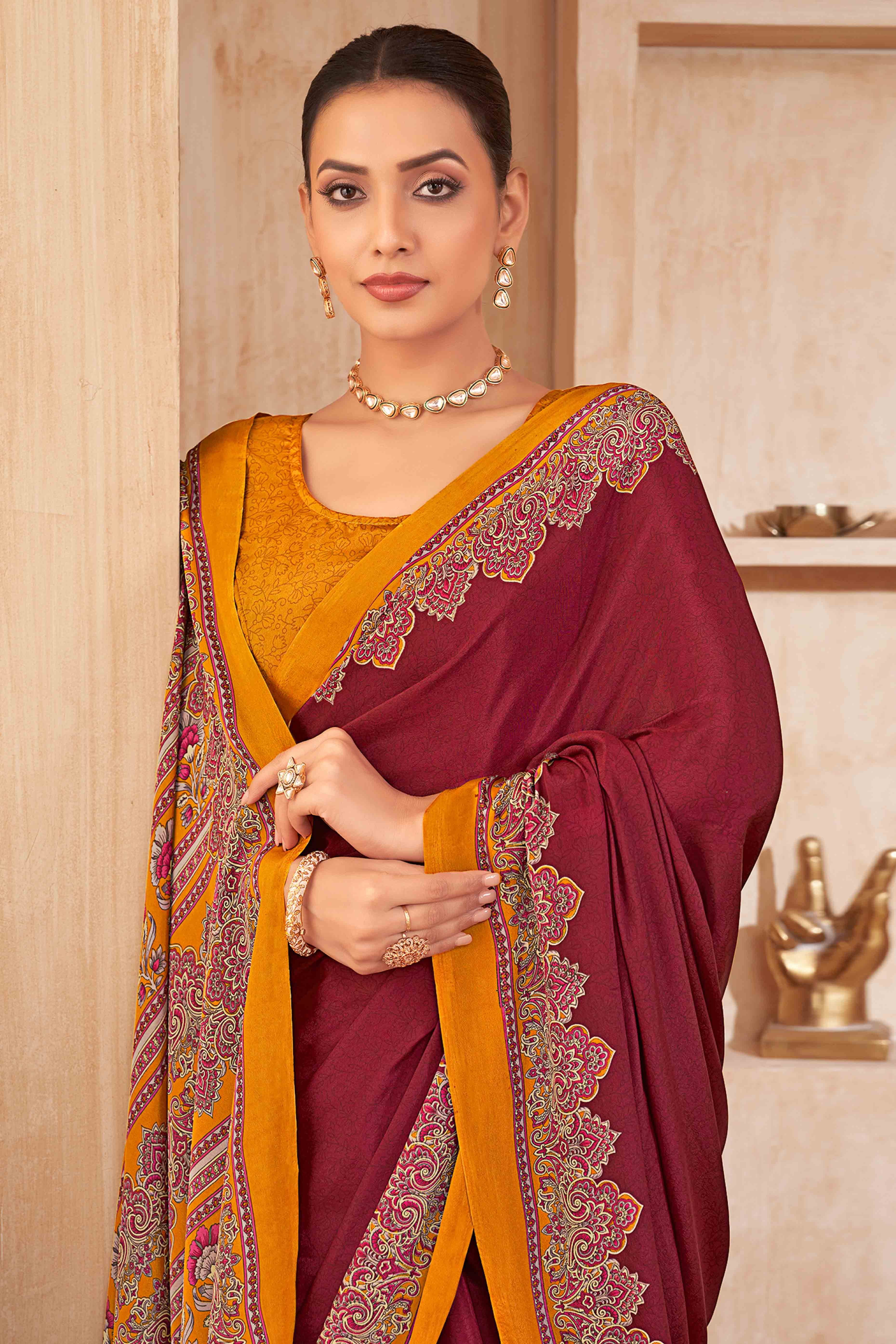 Maroon Floral Printed Crepe Silk Saree - Image 3
