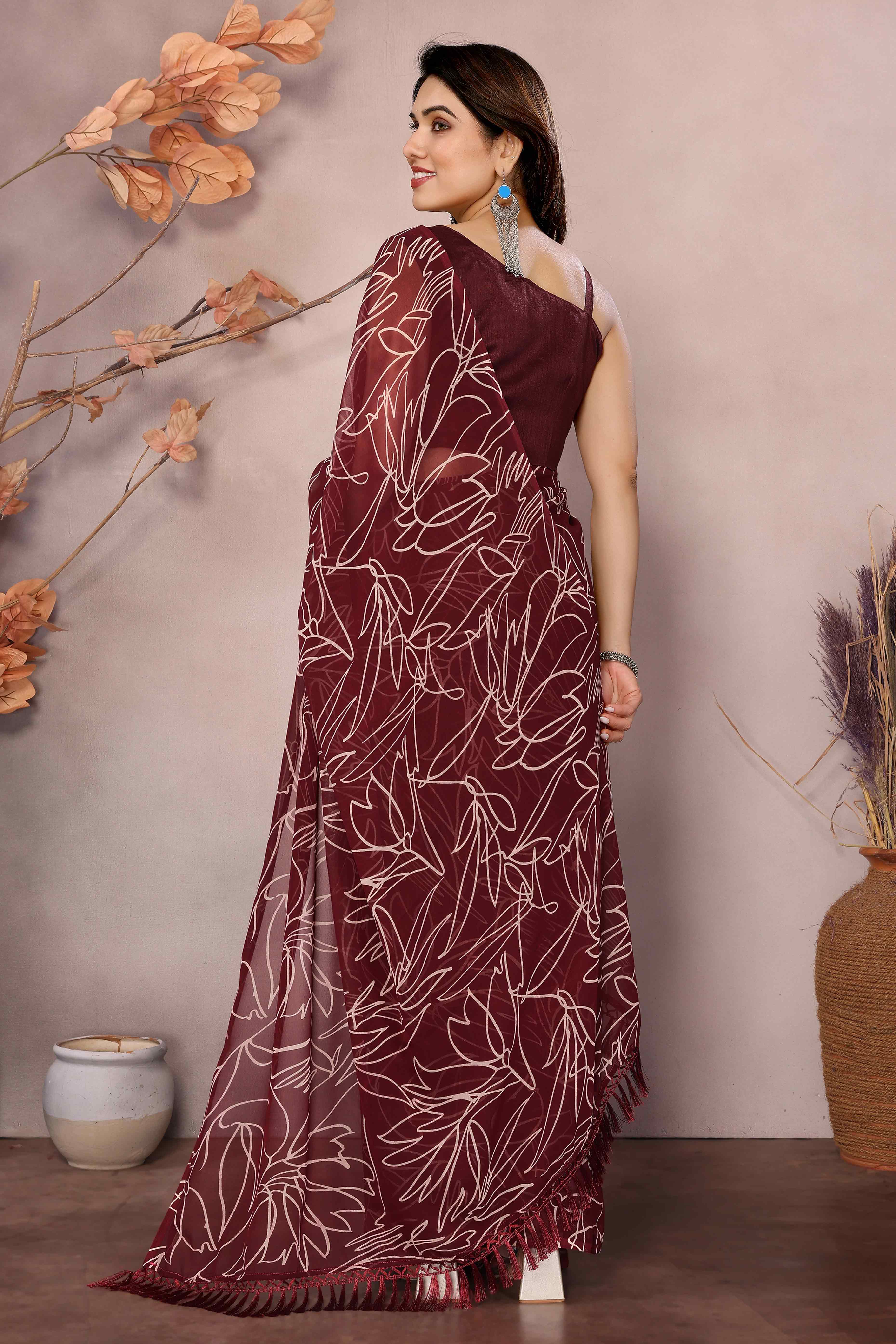 Maroon Floral Printed Georgette Ready Made Saree With Tassels - Image 3