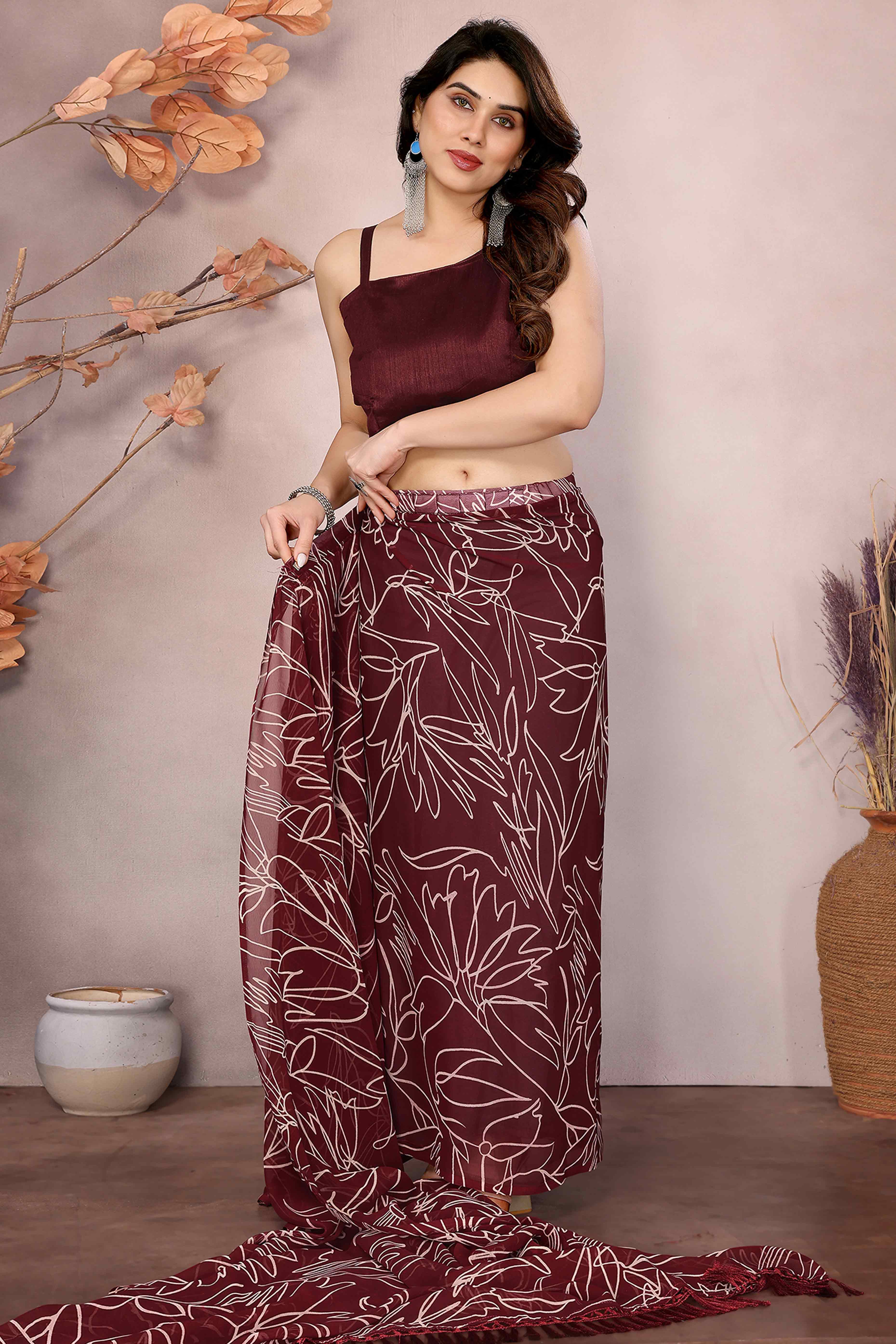 Maroon Floral Printed Georgette Ready Made Saree With Tassels - Image 4