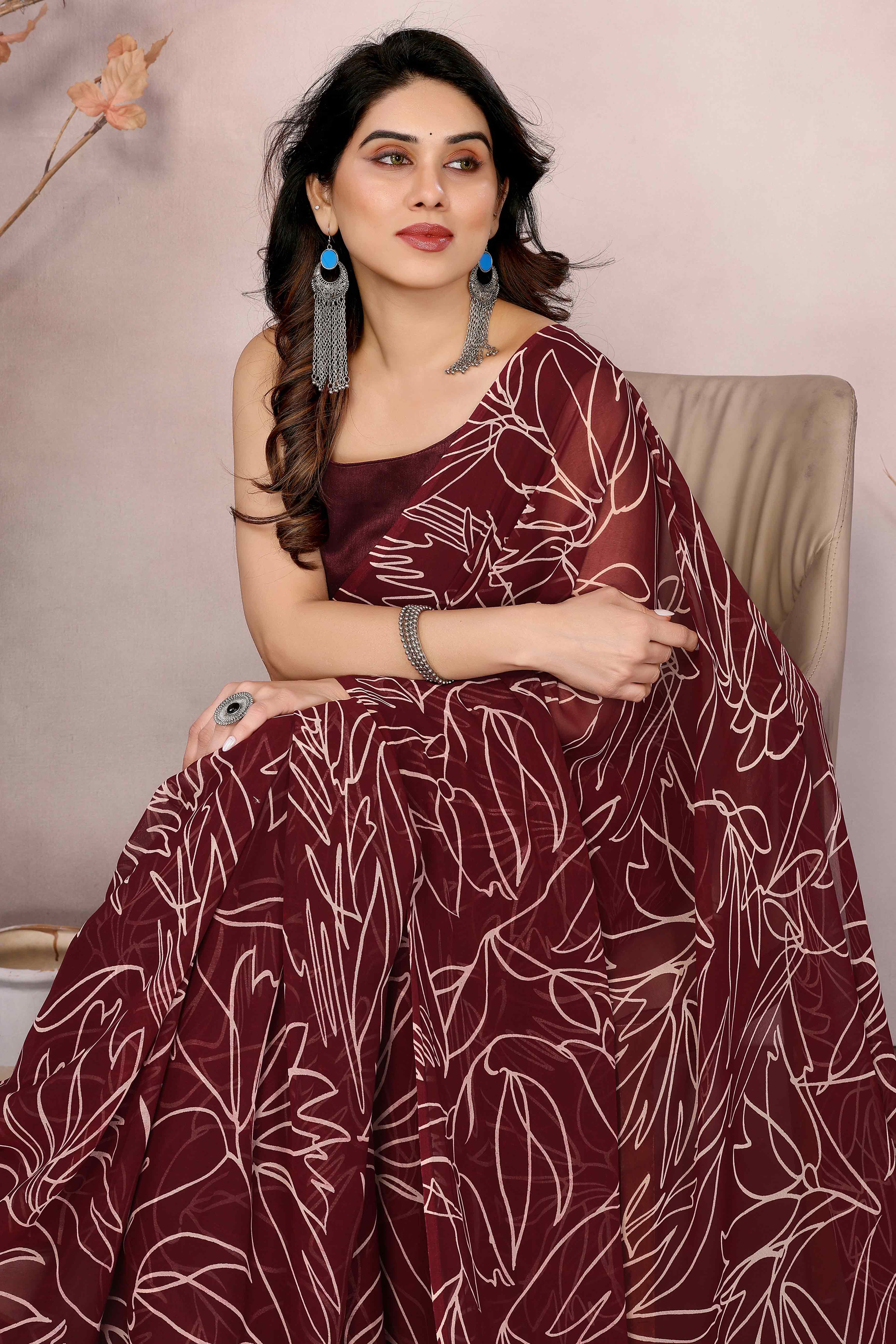 Maroon Floral Printed Georgette Ready Made Saree With Tassels - Image 5