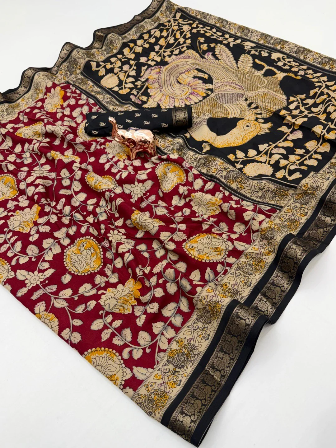 Maroon Floral Printed Mulmul Cotton Saree with Traditional Kalamkari Pallu and Rich Ethnic Finish