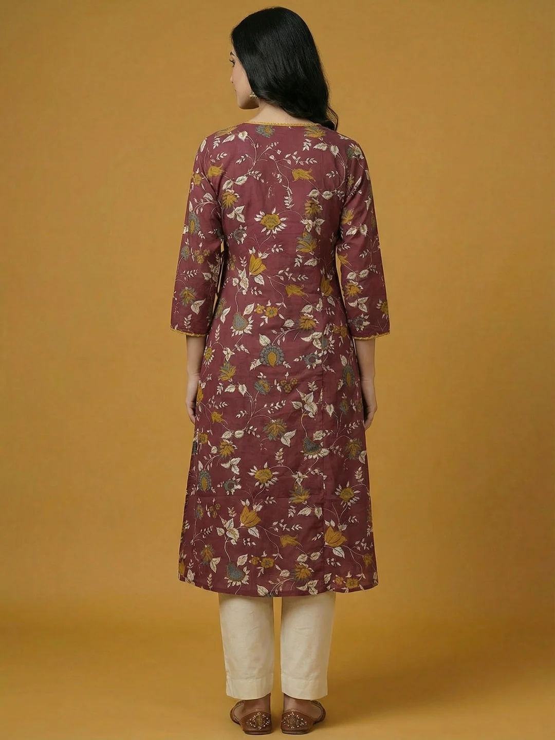Maroon Floral Printed Pure Cotton Angrakha Style Kurti - Image 3
