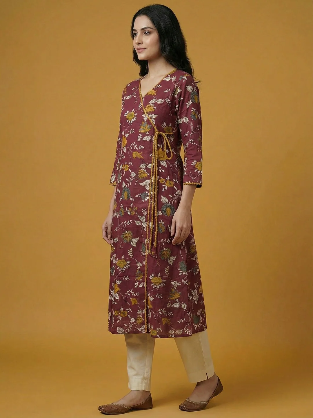 Maroon Floral Printed Pure Cotton Angrakha Style Kurti - Image 4
