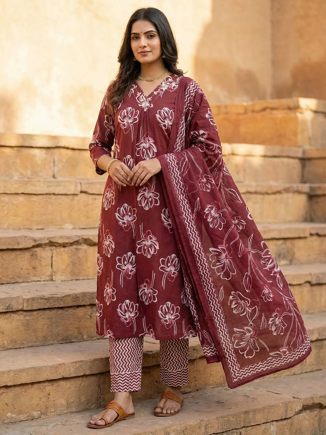 Maroon Floral Printed Pure Cotton Straight Fit Salwar Suit