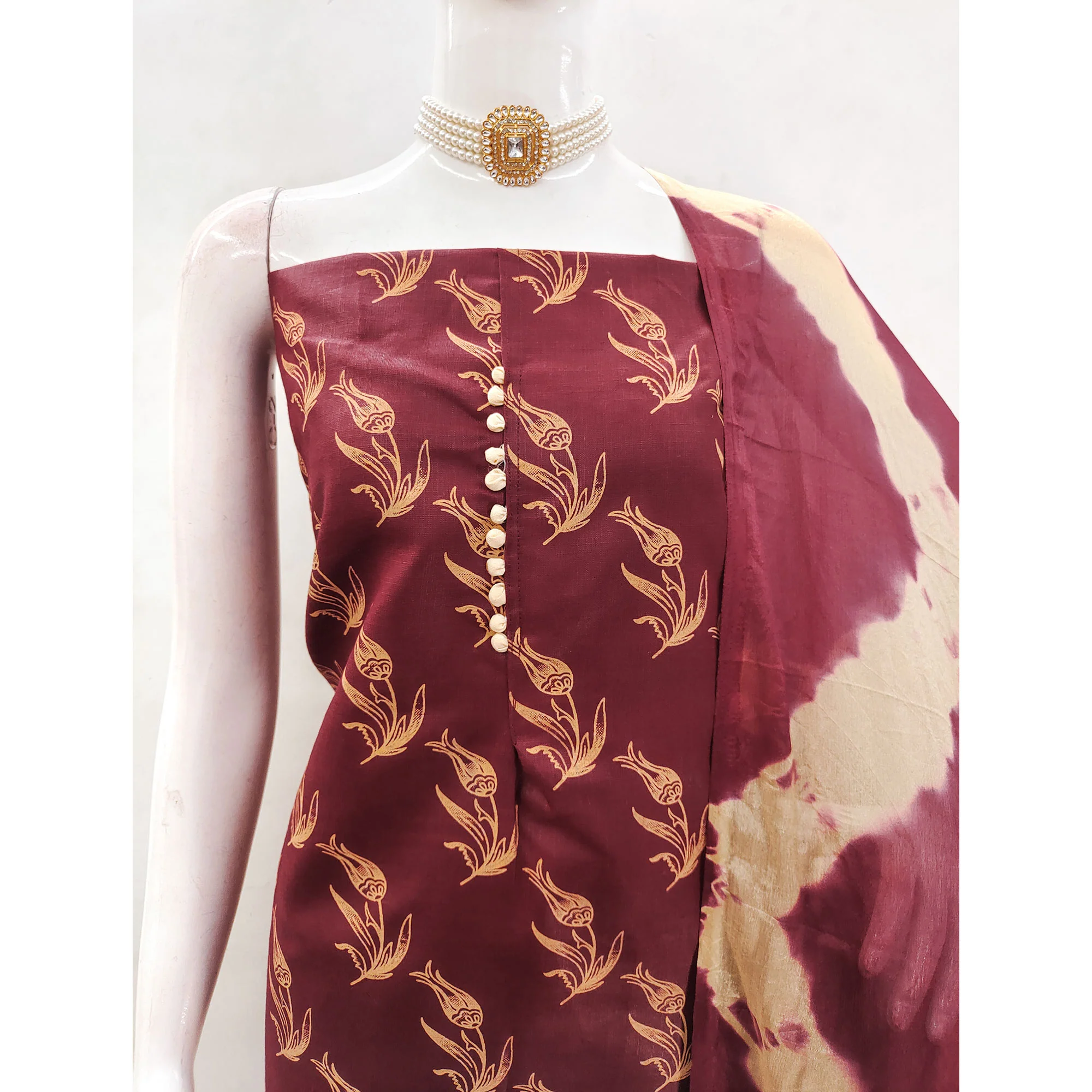 Maroon Floral Printed Slub Cotton Dress Material - Image 6
