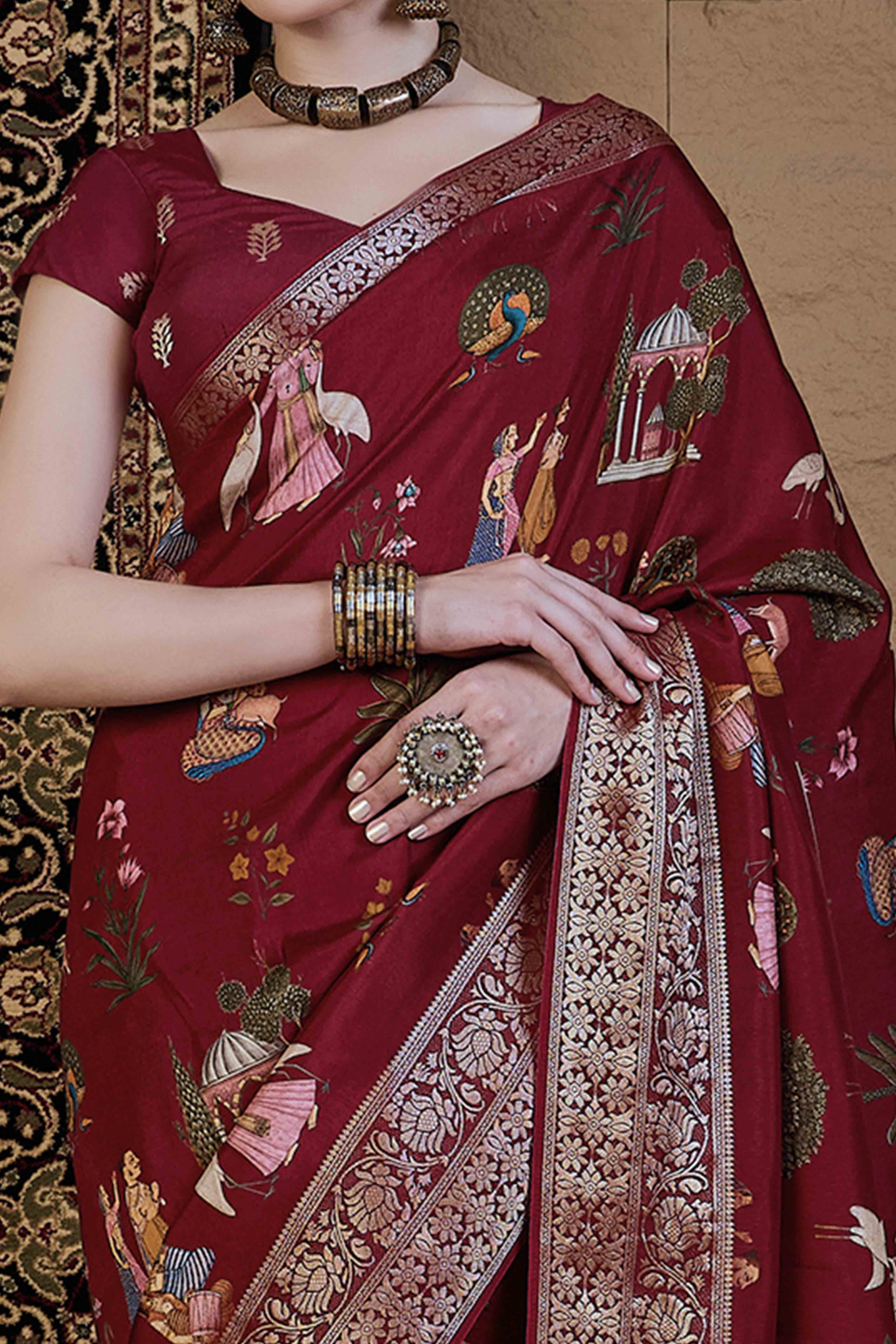 Maroon Floral Printed Viscose Saree - Image 2