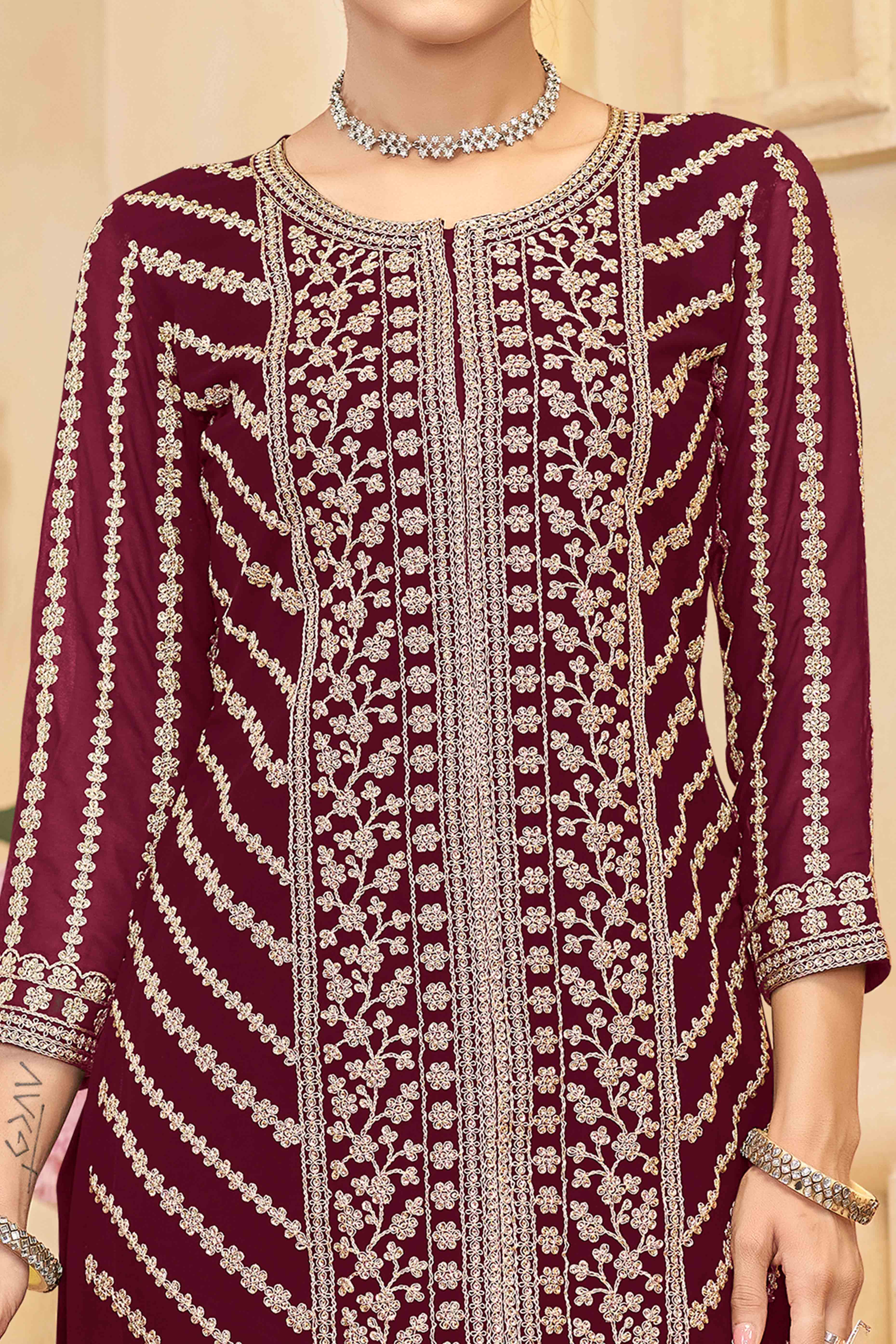 Maroon Georgette Palazzo Suit Adorned With Floral Sequins & Cording Embroidery - Image 2