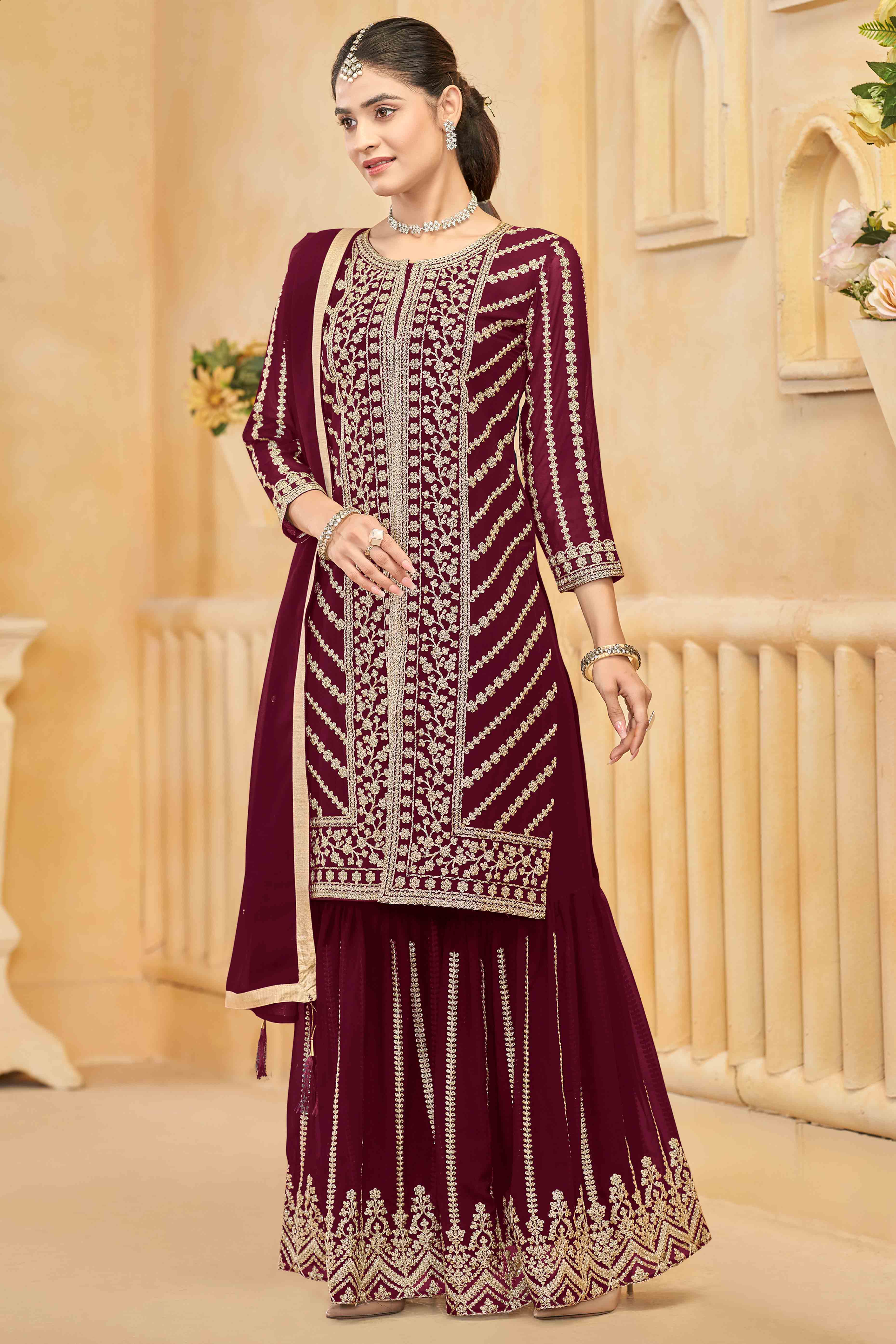Maroon Georgette Palazzo Suit Adorned With Floral Sequins & Cording Embroidery - Image 3