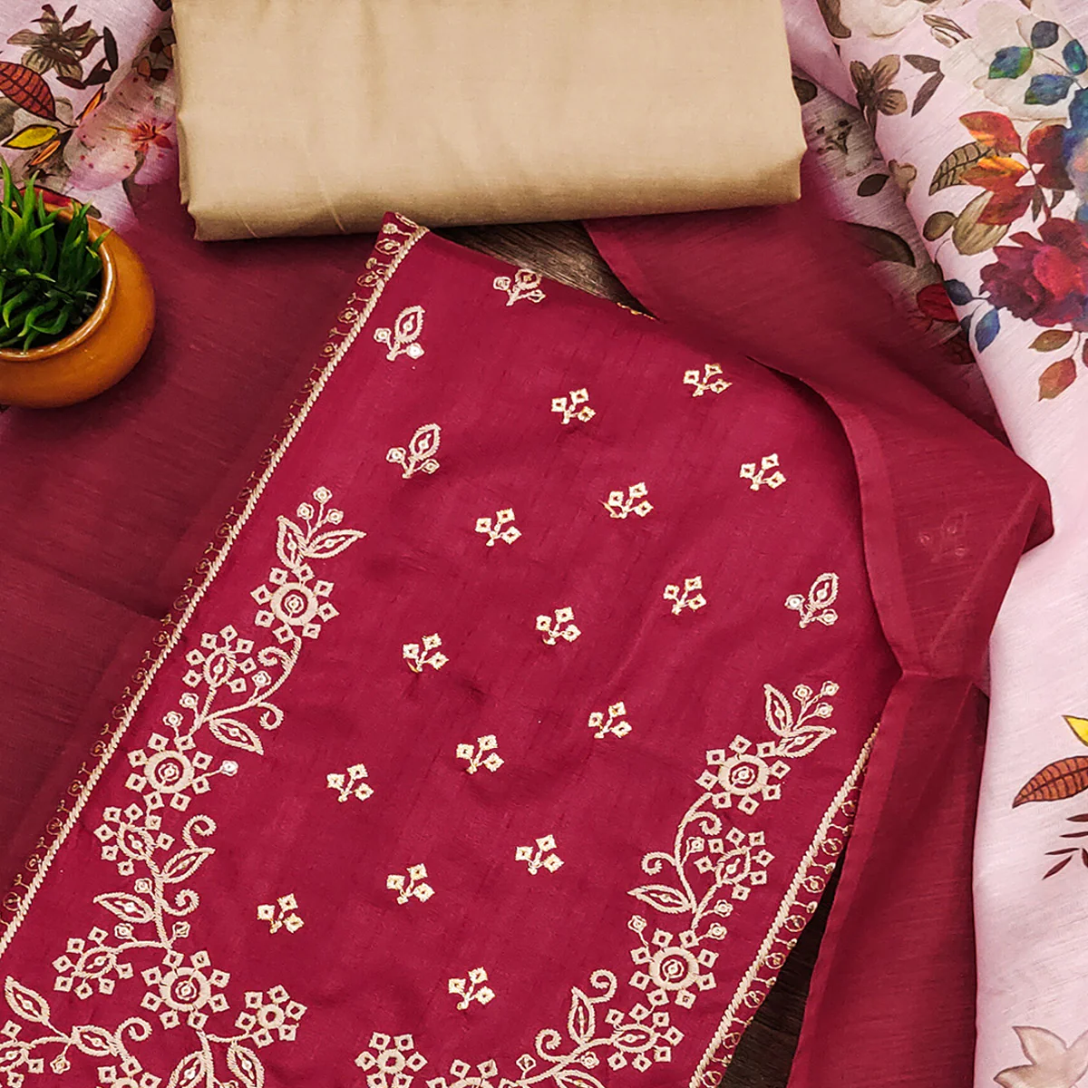 Maroon Floral Sequins Embroidered Cotton Blend Dress Material - Image 2