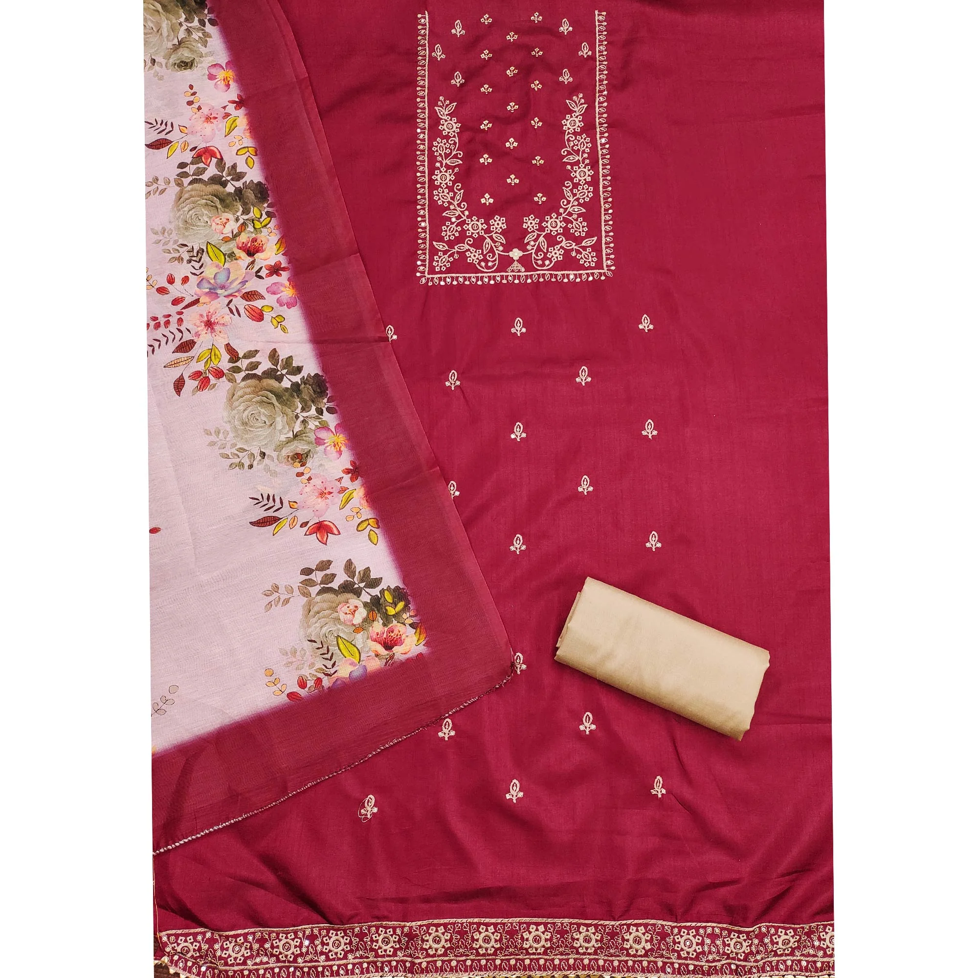 Maroon Floral Sequins Embroidered Cotton Blend Dress Material - Image 4