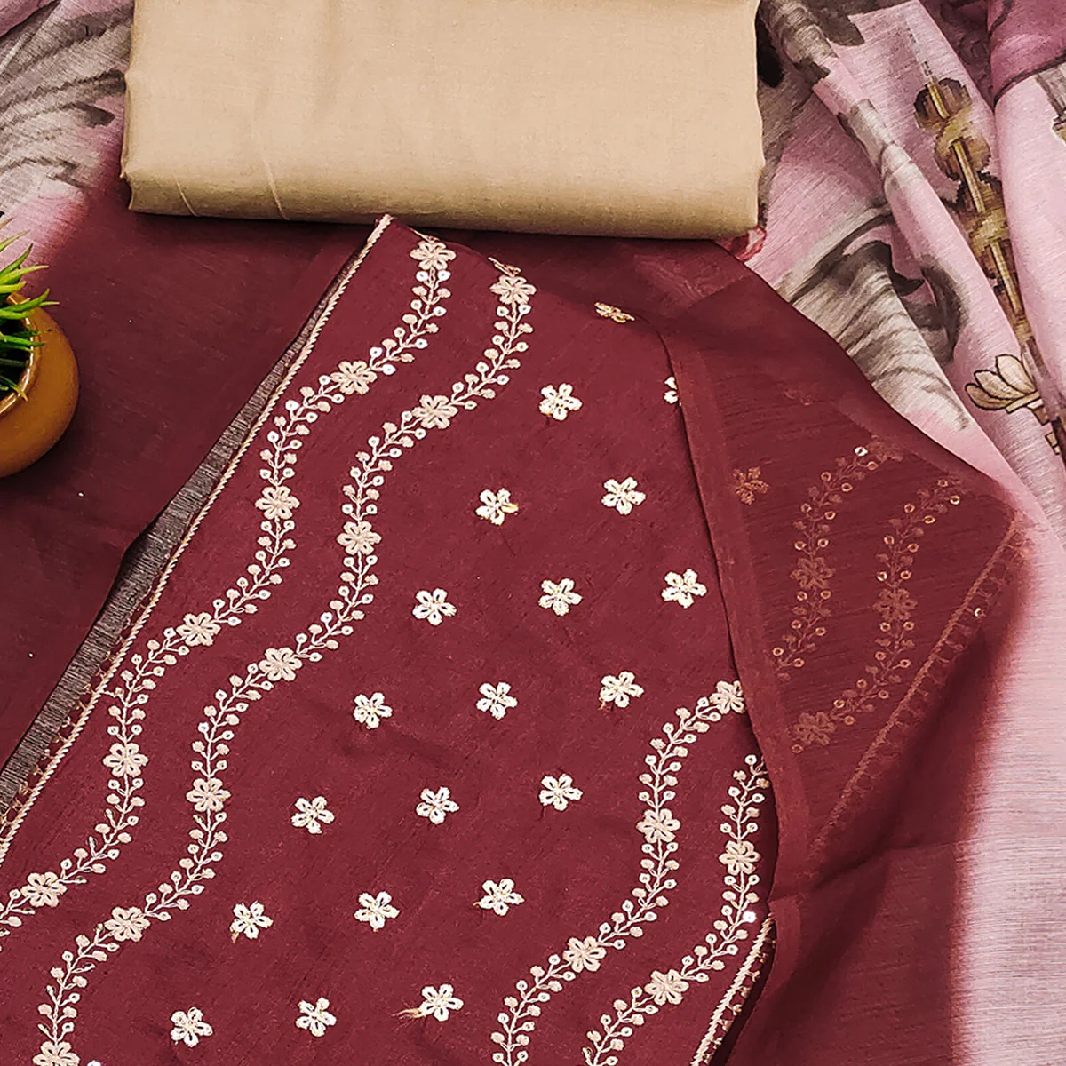 Maroon Floral Sequins Embroidered Cotton Blend Dress Material - Image 2