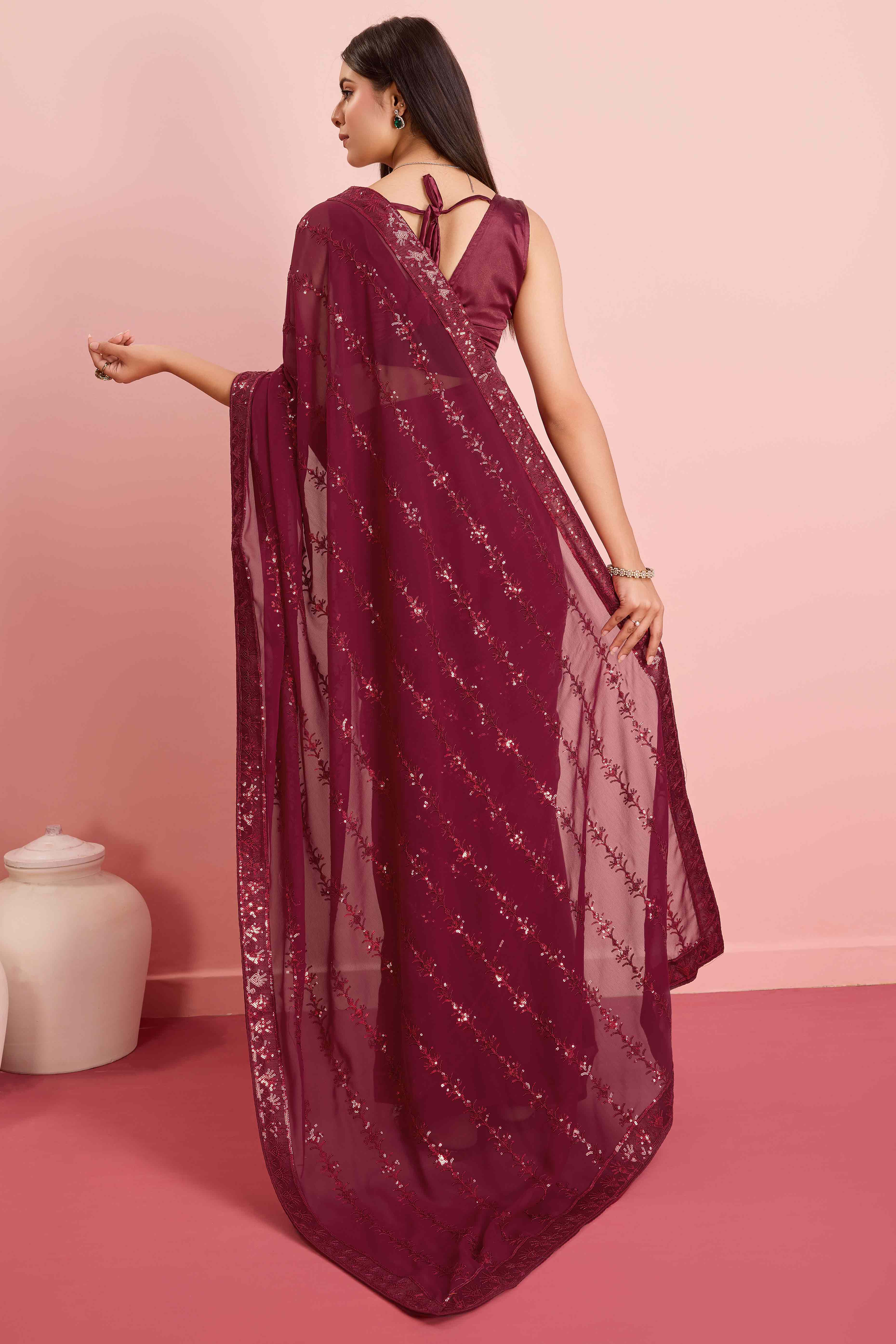 Maroon Floral Sequins Embroidered Georgette Saree - Image 5