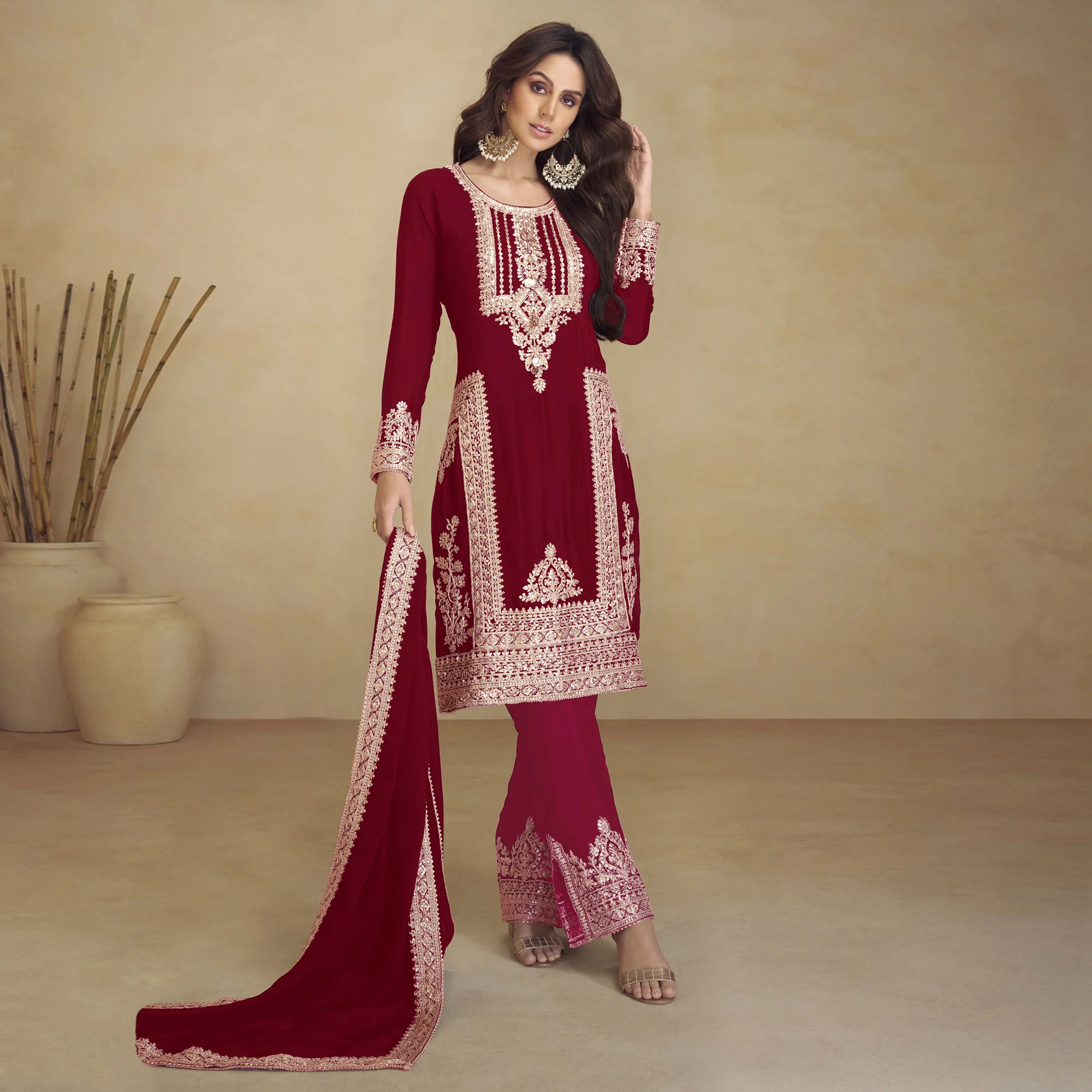 Maroon Floral Sequins Embroidered Georgette Semi Stitched Salwar Suit - Image 2