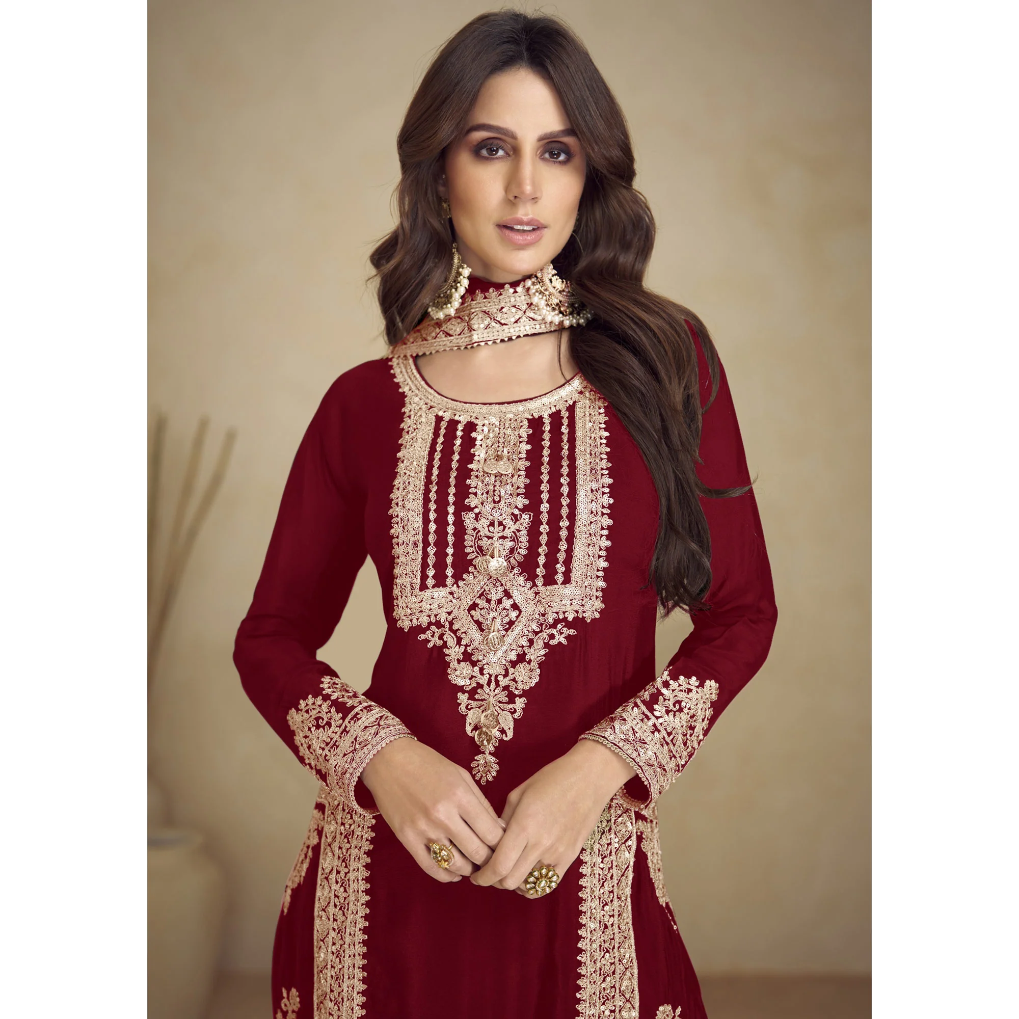 Maroon Floral Sequins Embroidered Georgette Semi Stitched Salwar Suit - Image 4