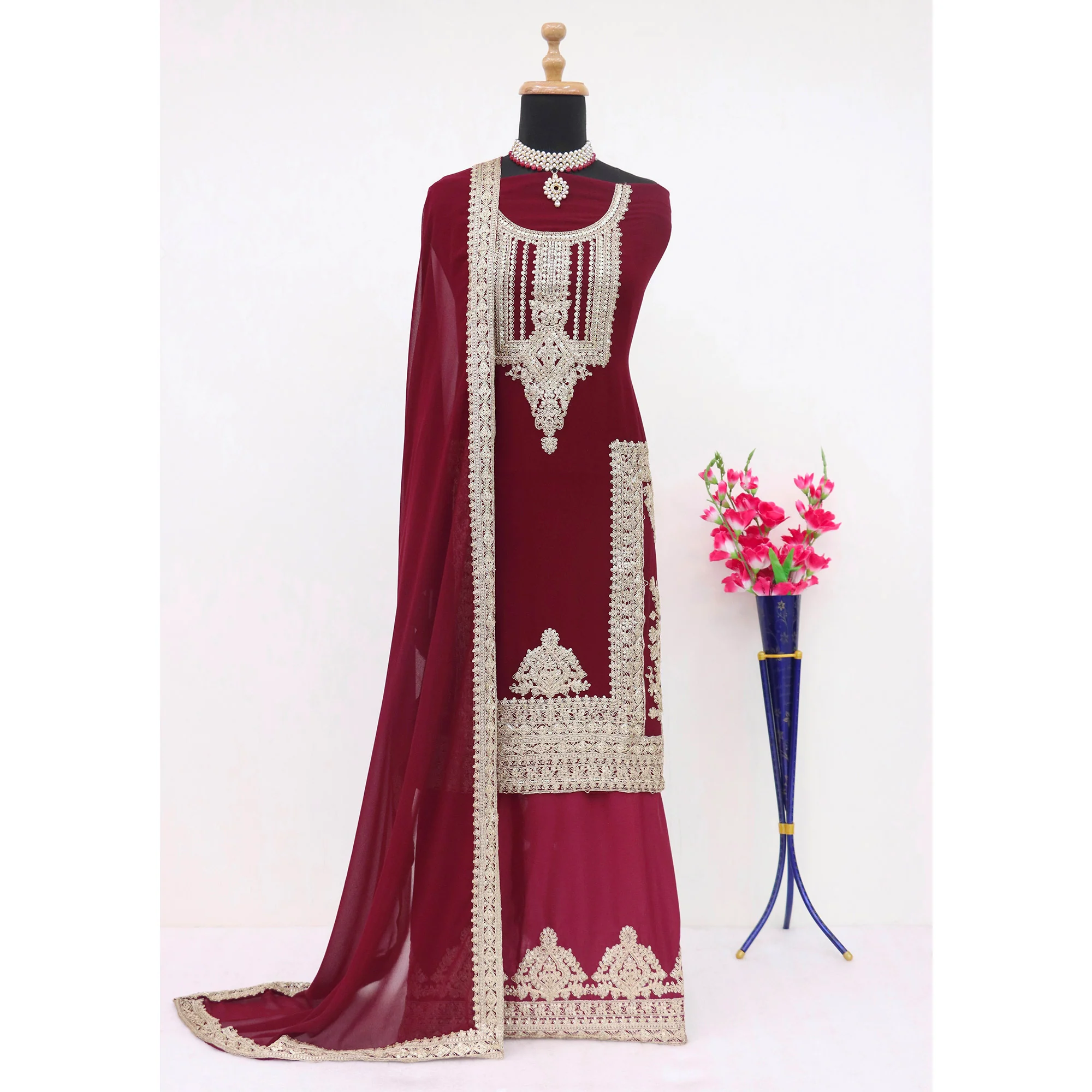Maroon Floral Sequins Embroidered Georgette Semi Stitched Salwar Suit - Image 5