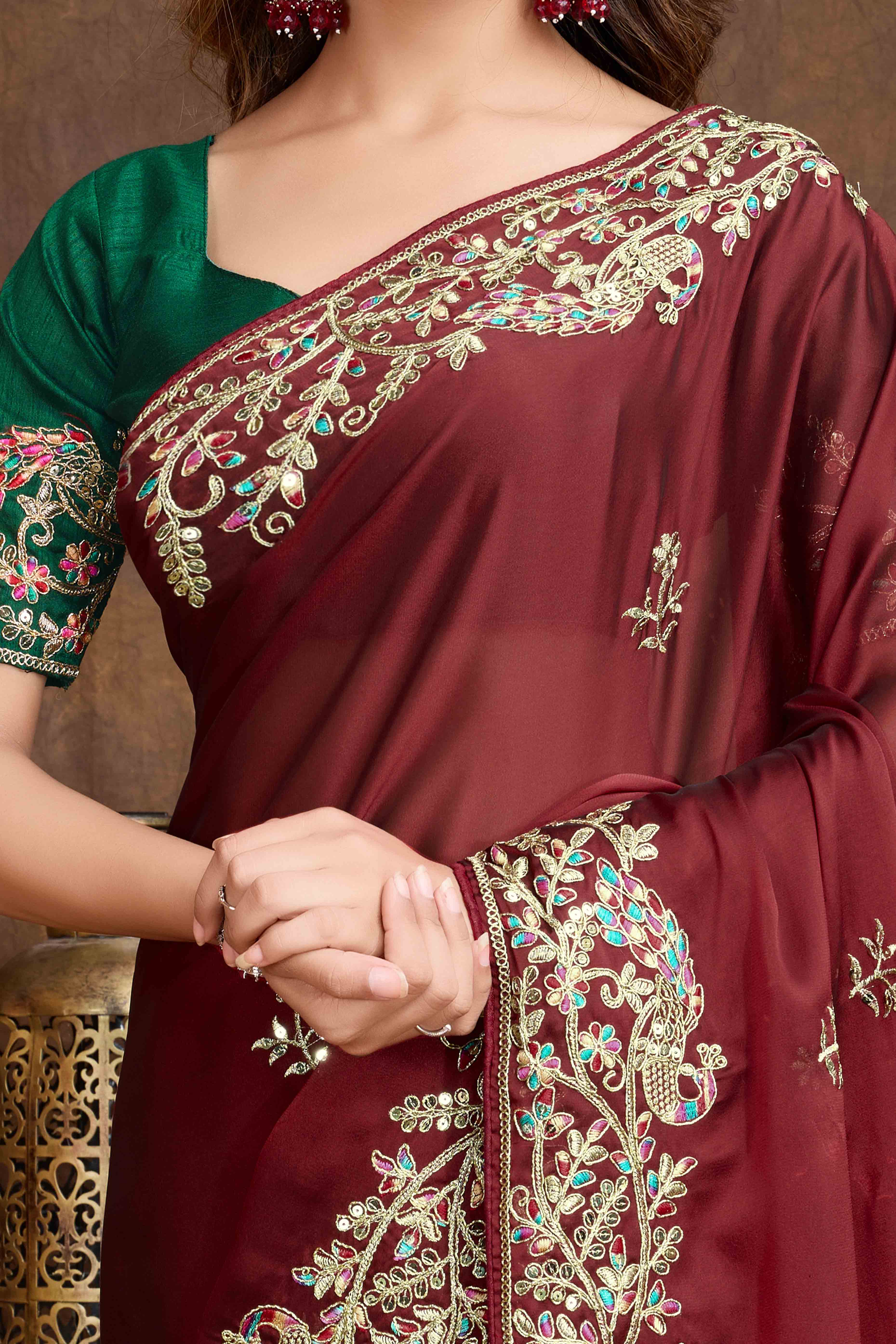 Maroon Floral Sequins Embroidered Vichitra Rangoli Silk Saree - Image 2