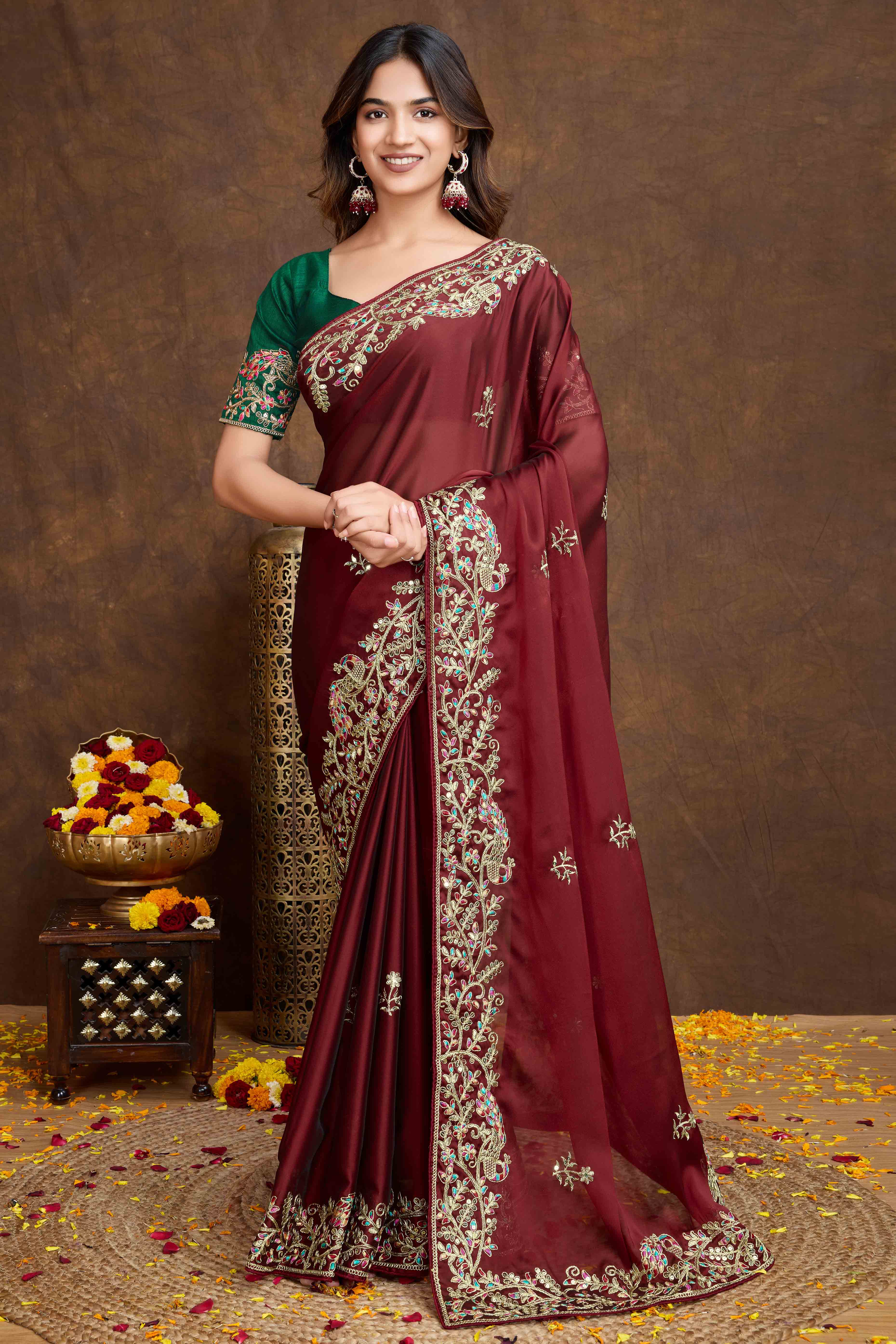 Maroon Floral Sequins Embroidered Vichitra Rangoli Silk Saree - Image 3