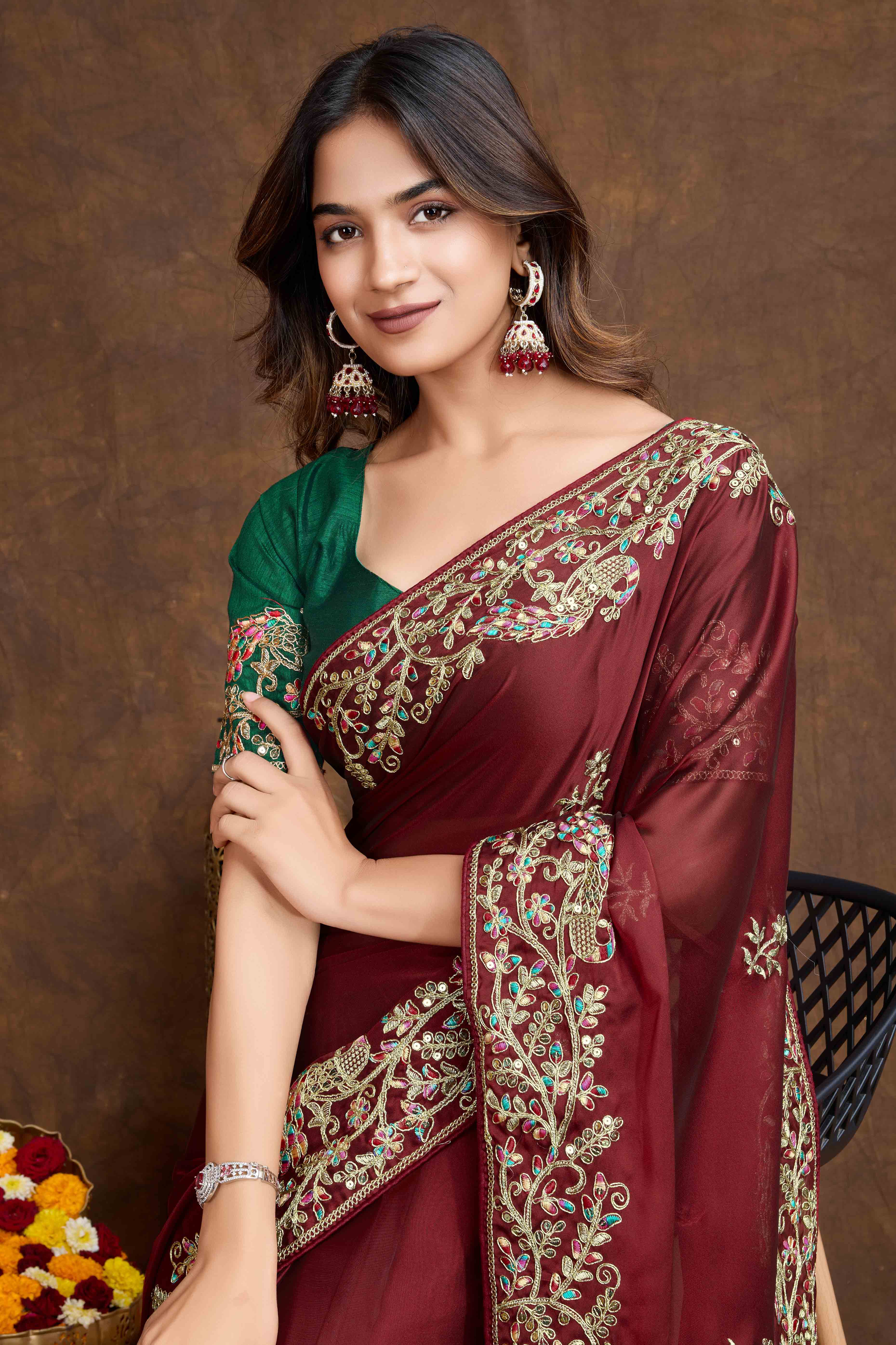 Maroon Floral Sequins Embroidered Vichitra Rangoli Silk Saree - Image 6