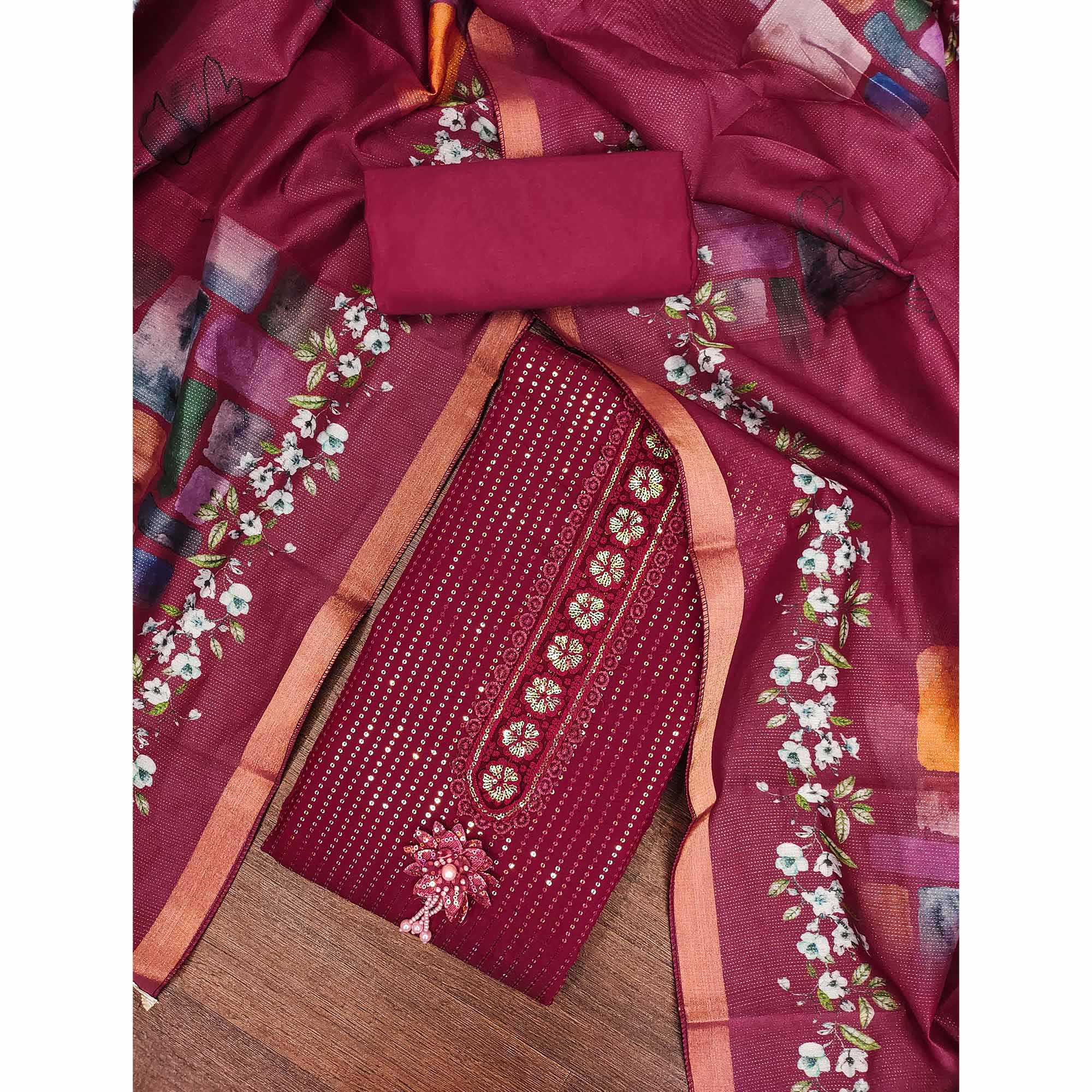 Maroon Floral Sequins Embroidery Cotton Roman Silk Dress Material - Image 3