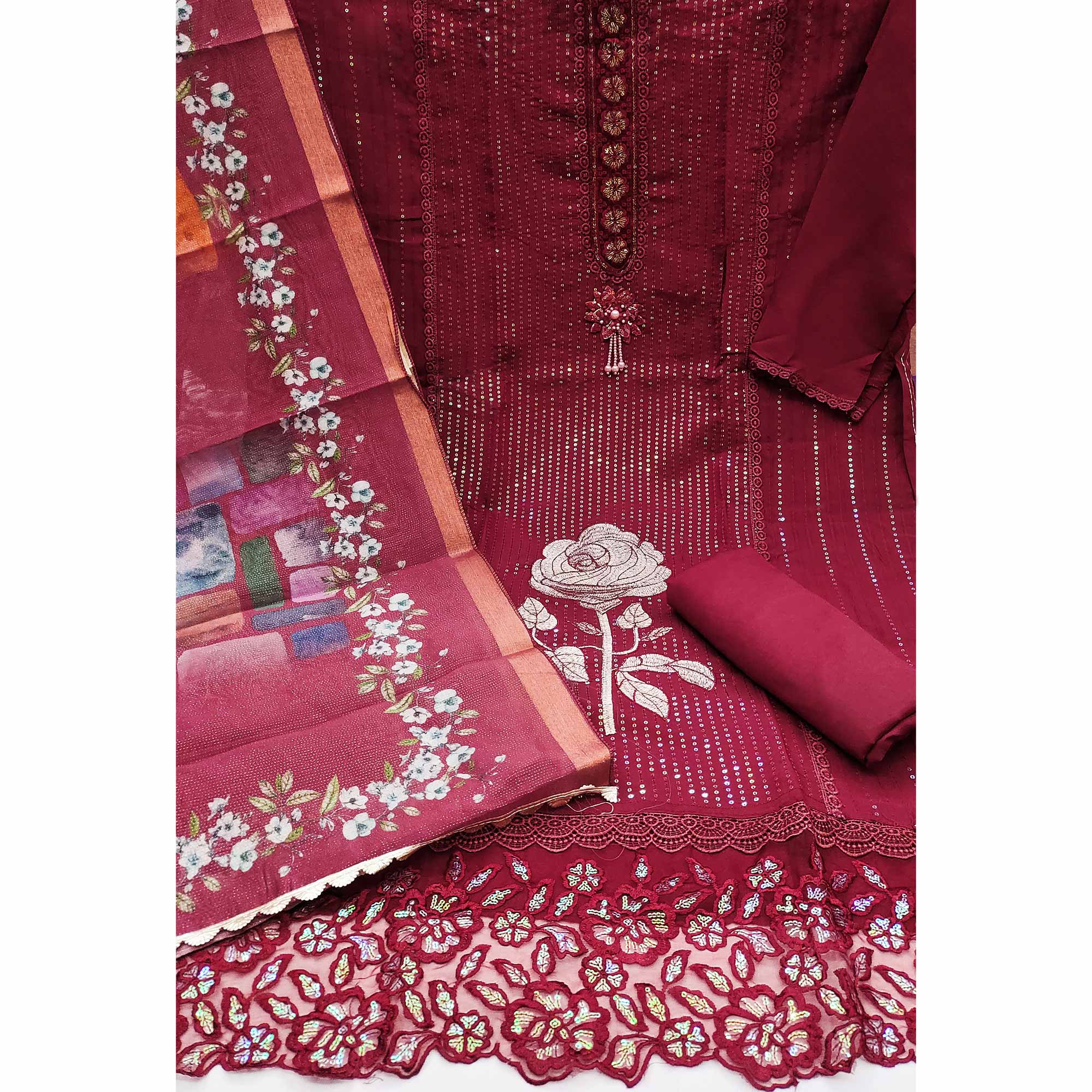 Maroon Floral Sequins Embroidery Cotton Roman Silk Dress Material - Image 4