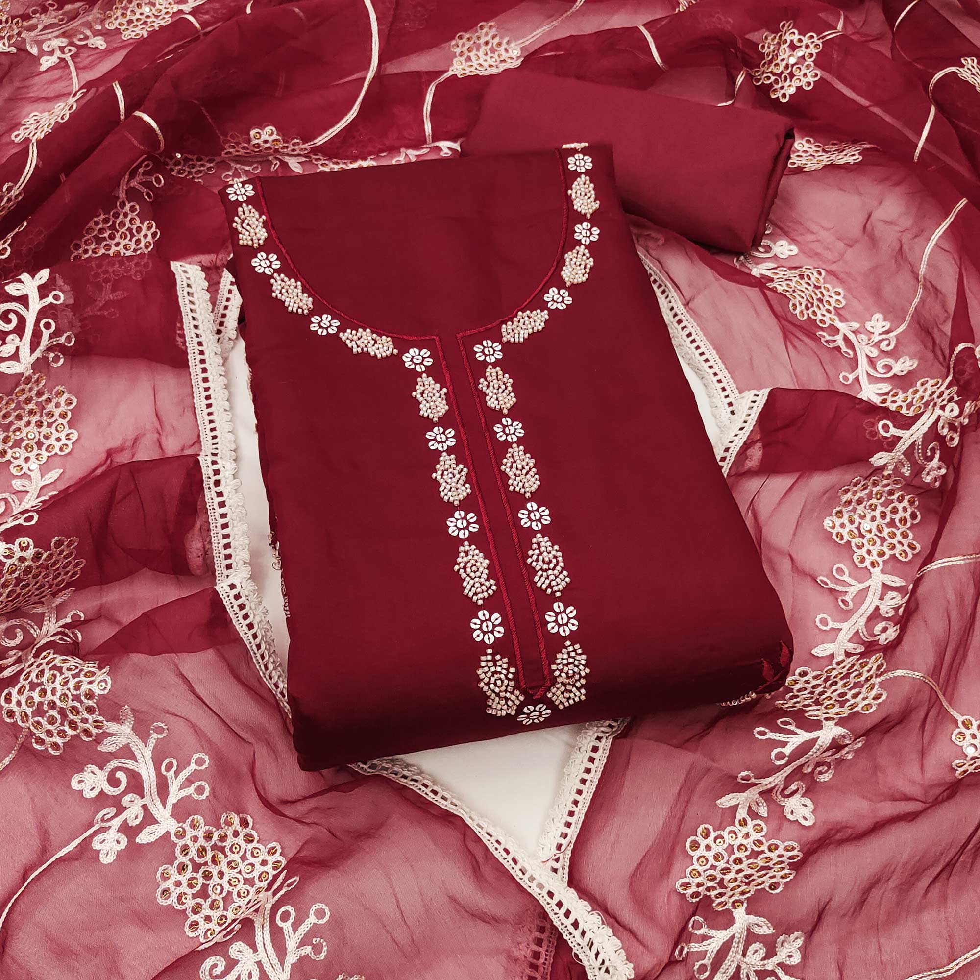Maroon Floral Sequins Embroidery With Handwork Cotton Silk Dress Material - Image 3